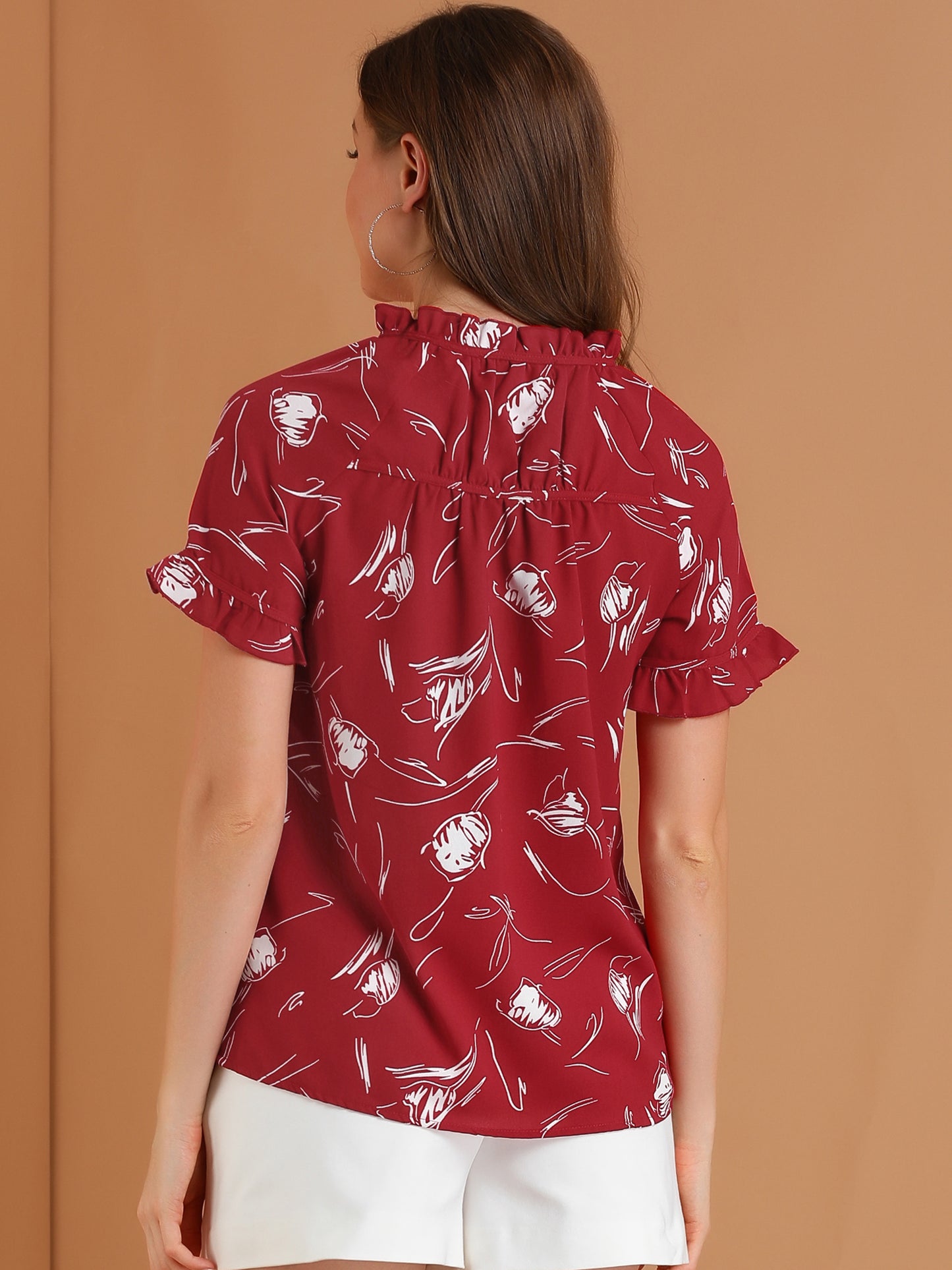 Women's Floral Tie Neck Ruffle Short Sleeves Peasant Blouse
