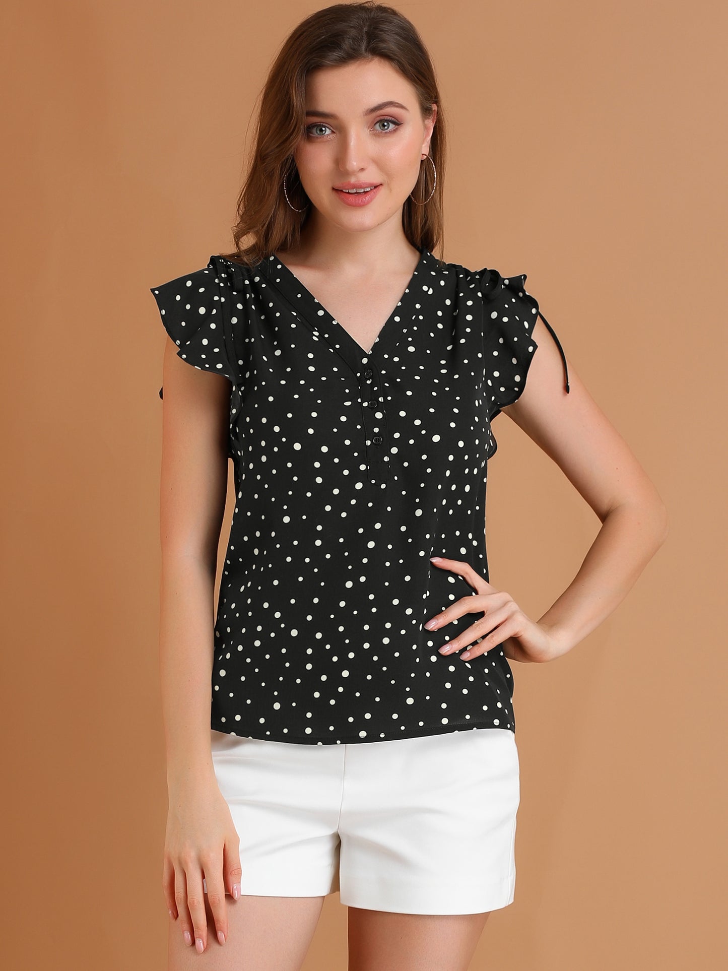 Women's Polka Dots Ruffle Chiffon V Neck Blouse Cap Sleeve Summer Top