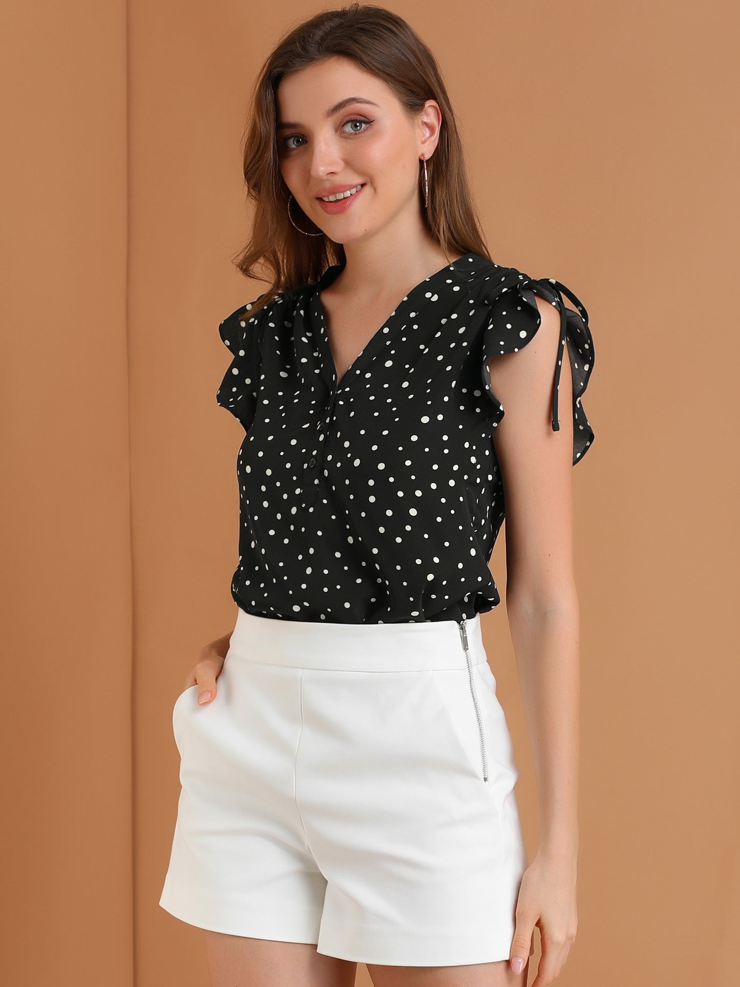 Women's Polka Dots Ruffle Chiffon V Neck Blouse Cap Sleeve Summer Top