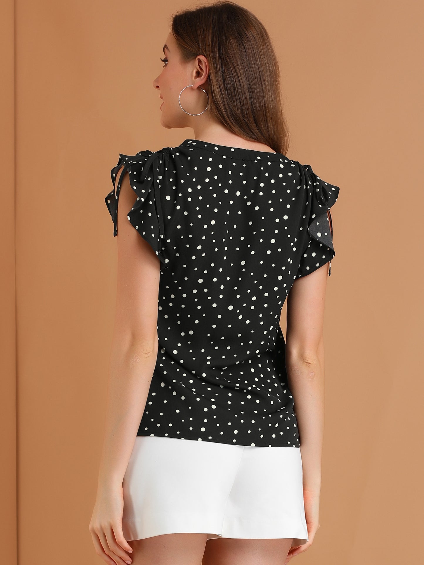 Women's Polka Dots Ruffle Chiffon V Neck Blouse Cap Sleeve Summer Top