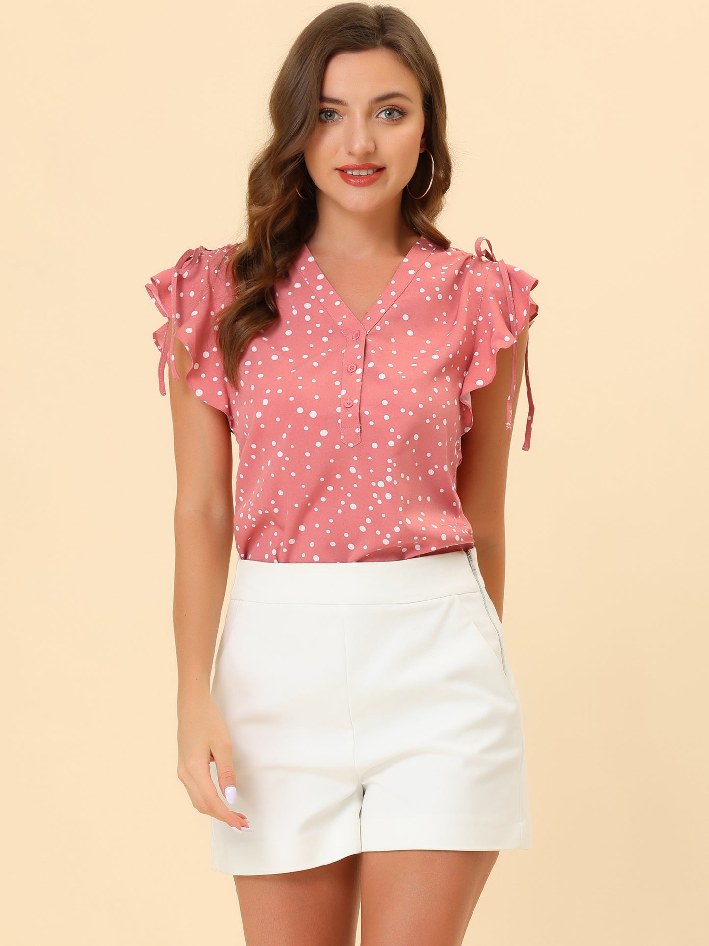 Women's Polka Dots Ruffle Chiffon V Neck Blouse Cap Sleeve Summer Top