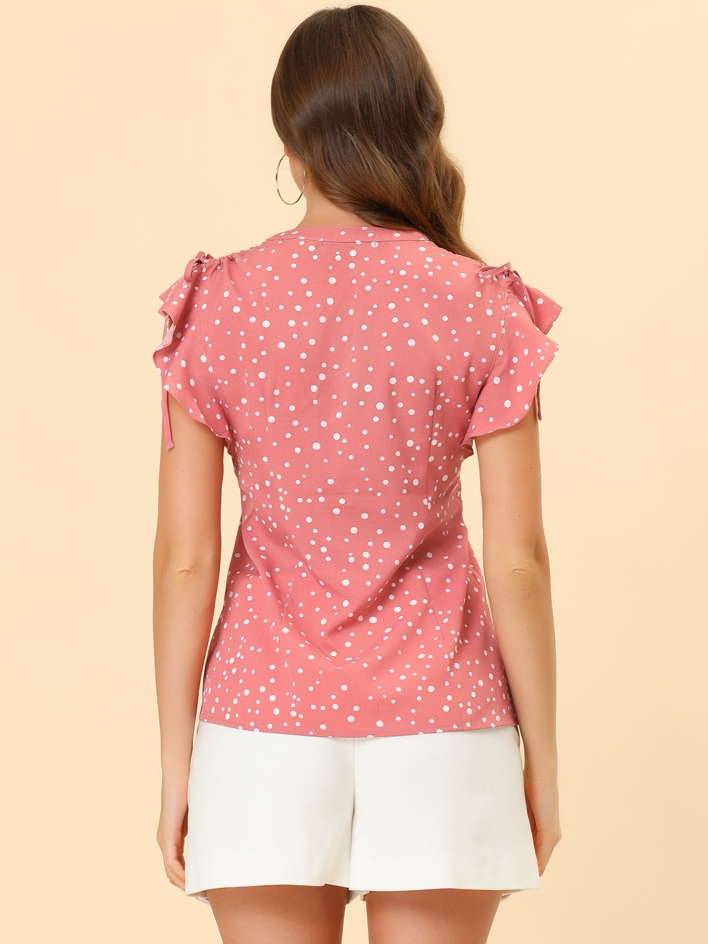 Women's Polka Dots Ruffle Chiffon V Neck Blouse Cap Sleeve Summer Top