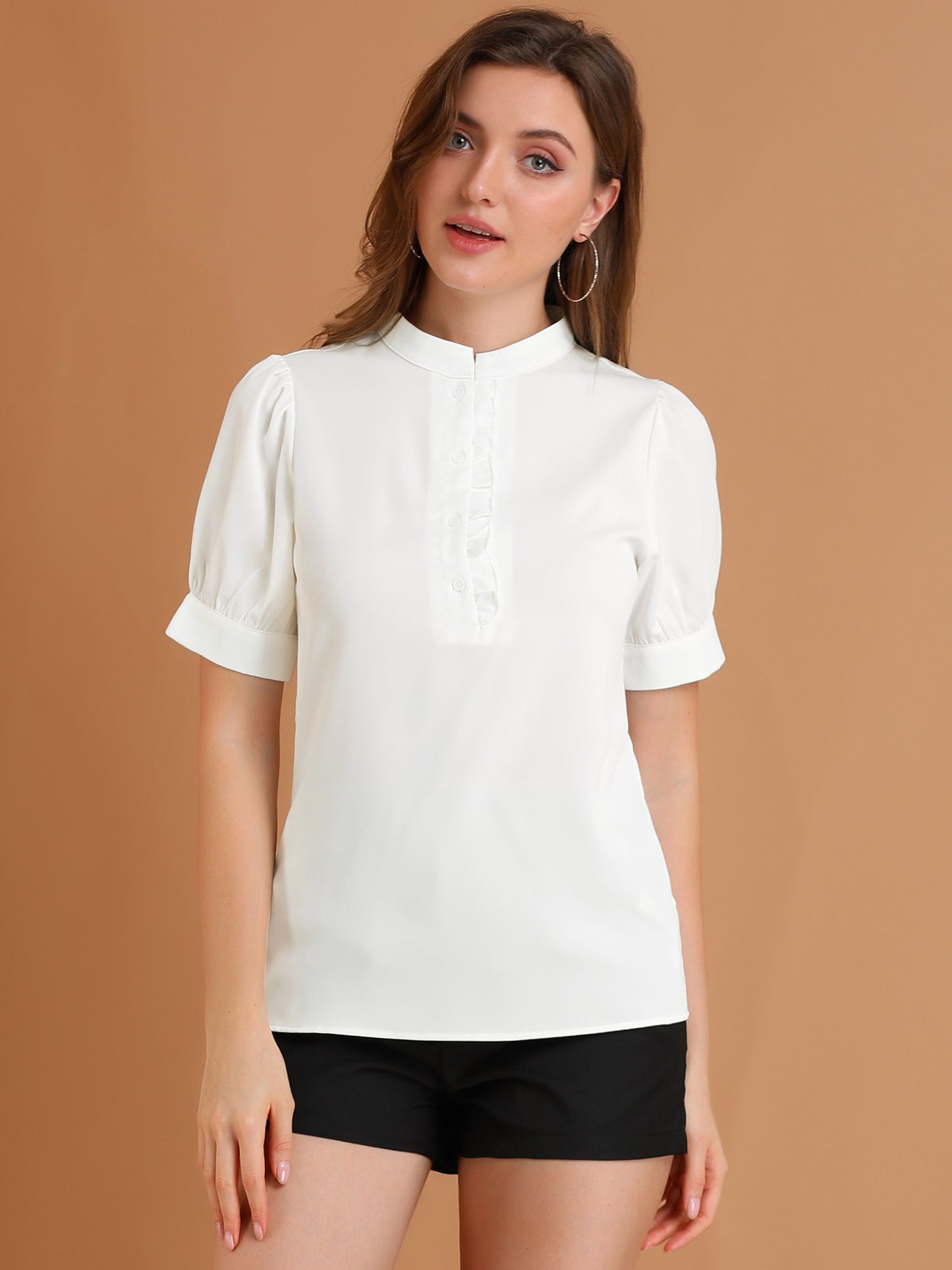 Women's Retrp Workwear Half Placket Puff Sleeve Ruffled Blouse Top