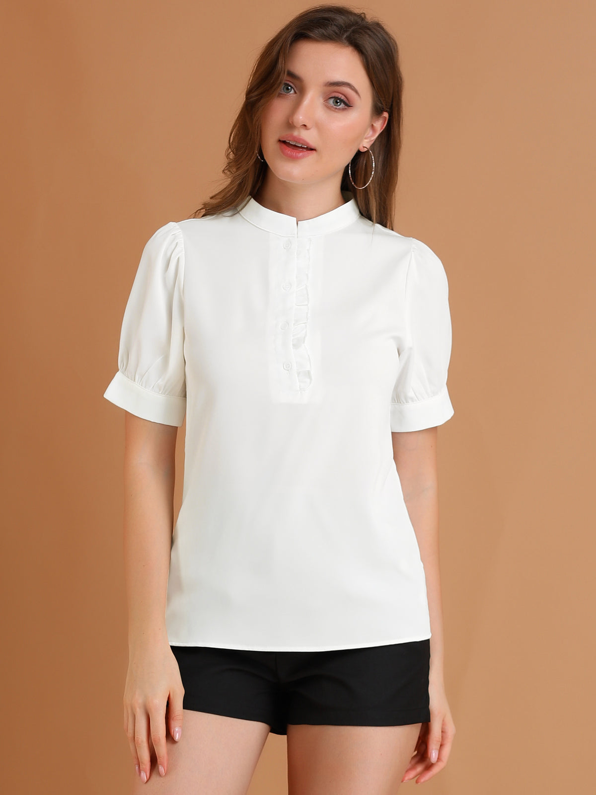 Women's Workwear Half Placket Puff Sleeve Ruffled Blouse Top