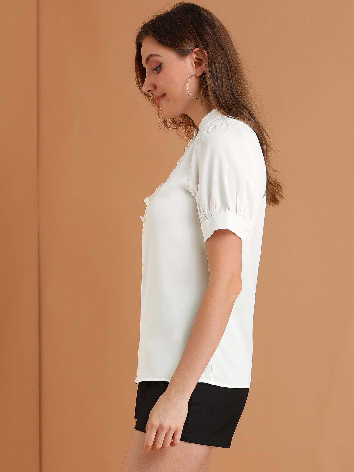 Women's Retrp Workwear Half Placket Puff Sleeve Ruffled Blouse Top