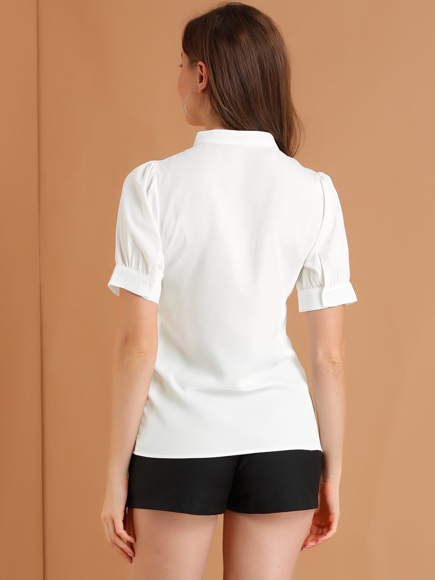 Women's Retrp Workwear Half Placket Puff Sleeve Ruffled Blouse Top