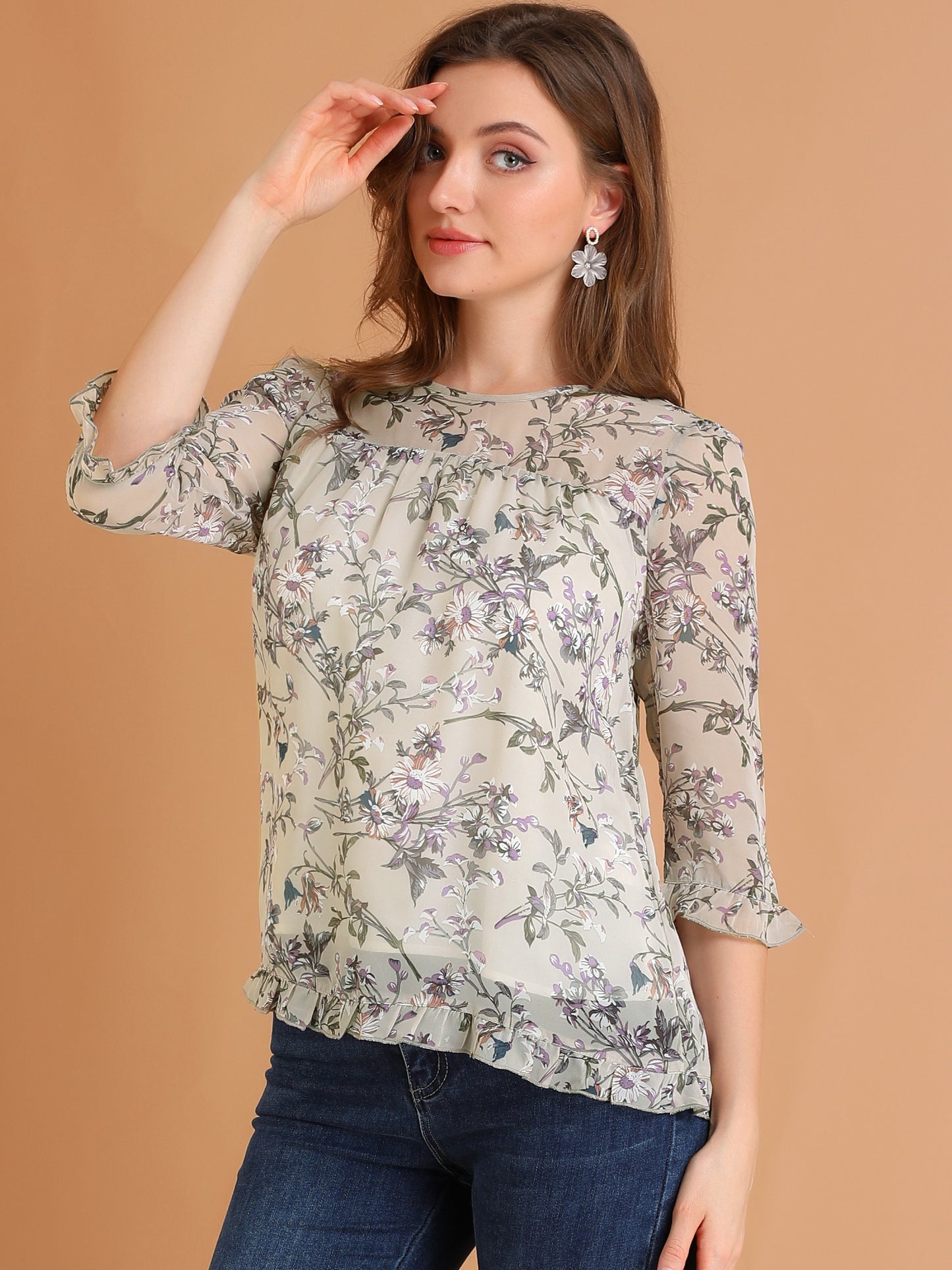 Women's Casual Ruffle 3/4 Sleeve Floral Print Chiffon Blouse (Available in Plus Size)
