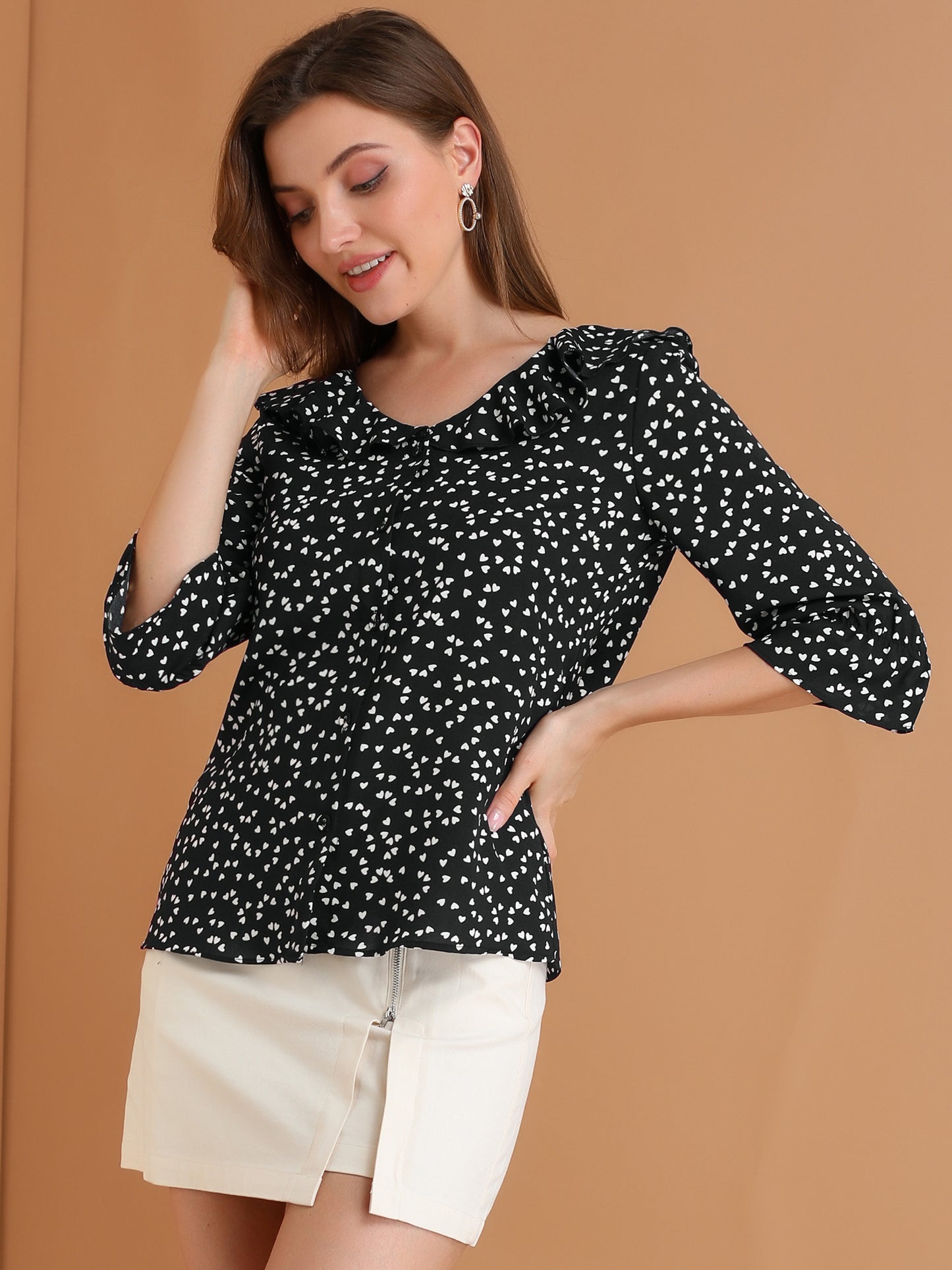 Women's Button Down Ruffled Collar Elbow Sleeve Heart Print Blouse Shirt