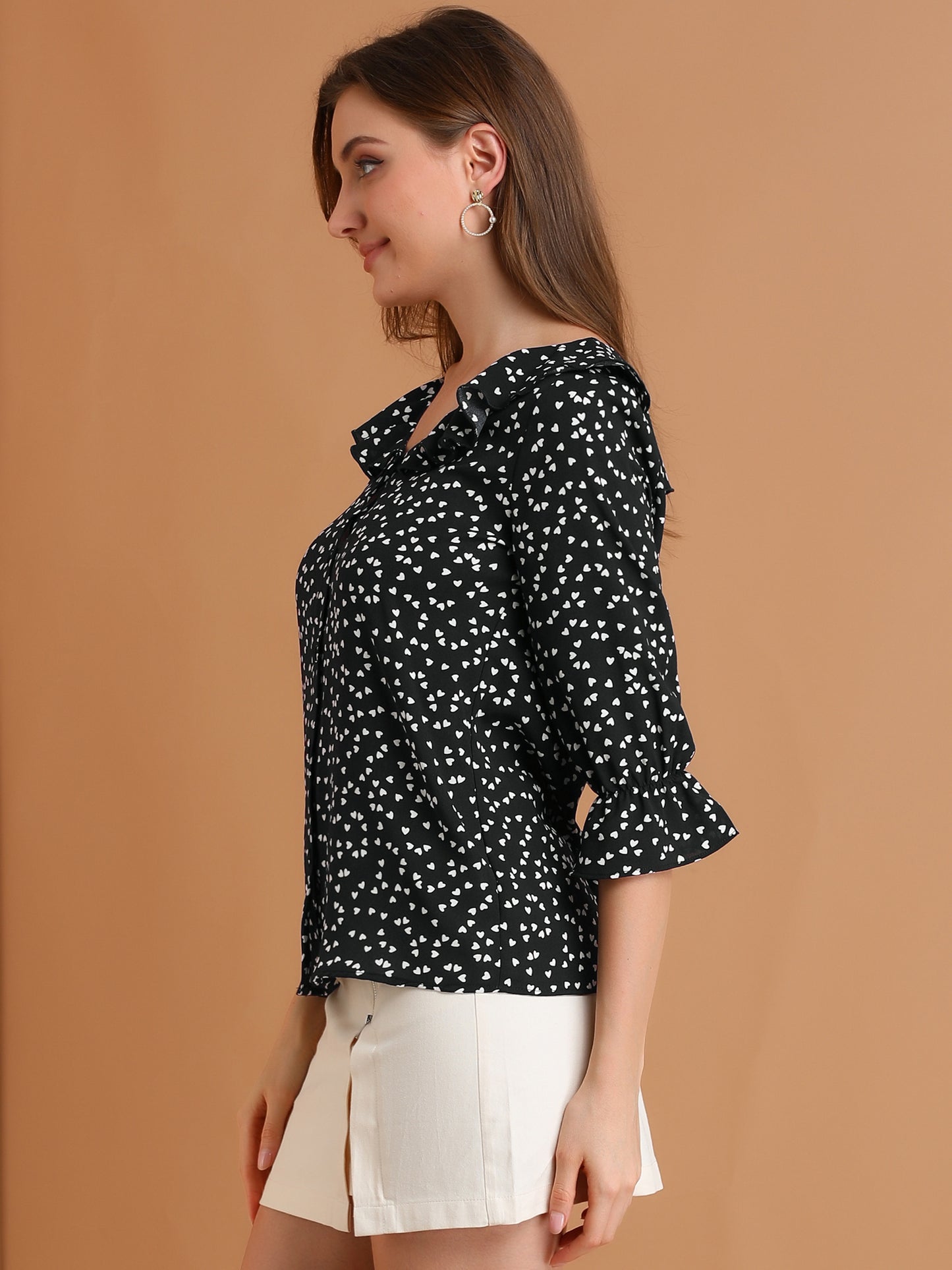 Women's Button Down Ruffled Collar Elbow Sleeve Heart Print Blouse Shirt