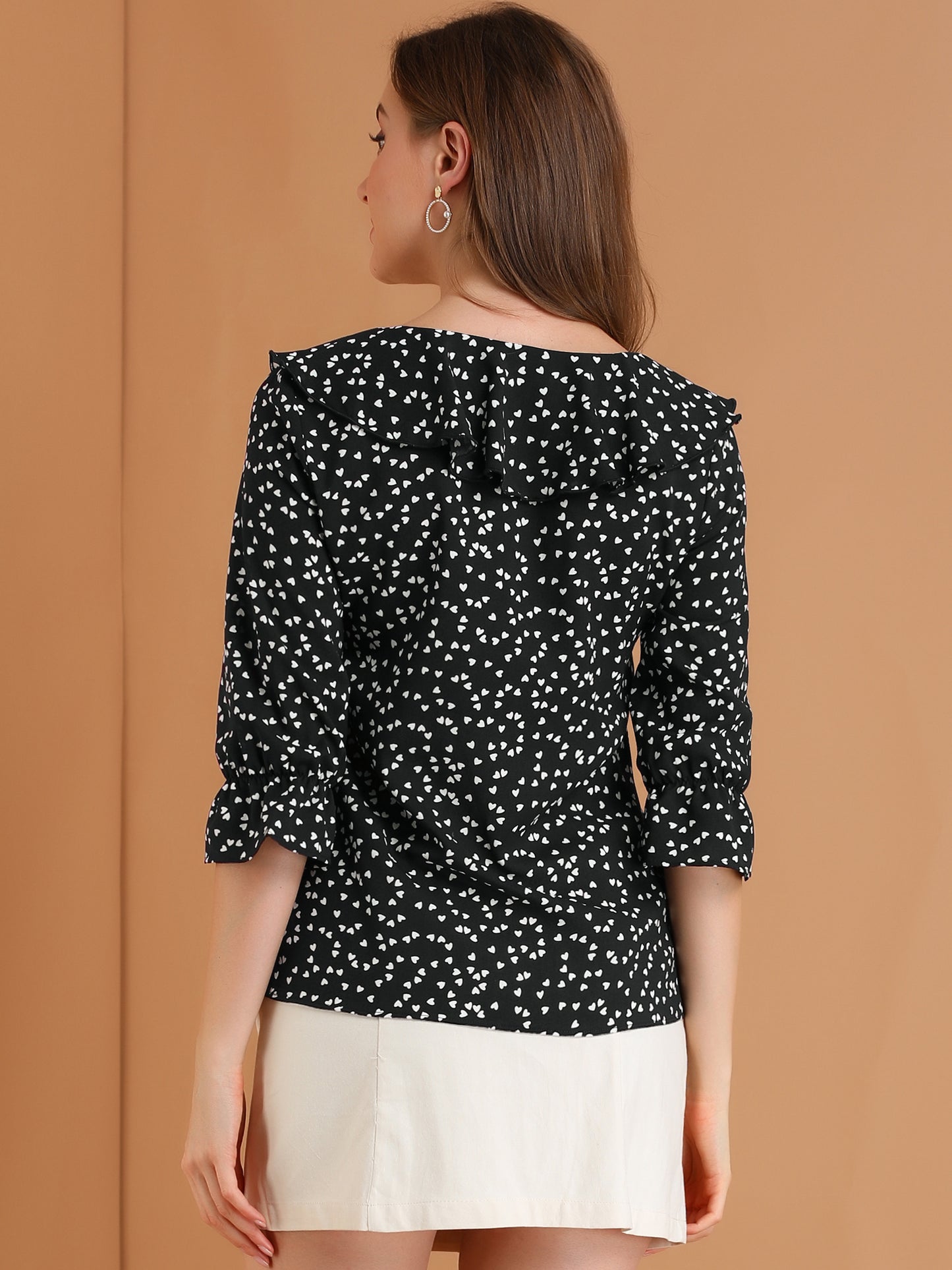 Women's Button Down Ruffled Collar Elbow Sleeve Heart Print Blouse Shirt