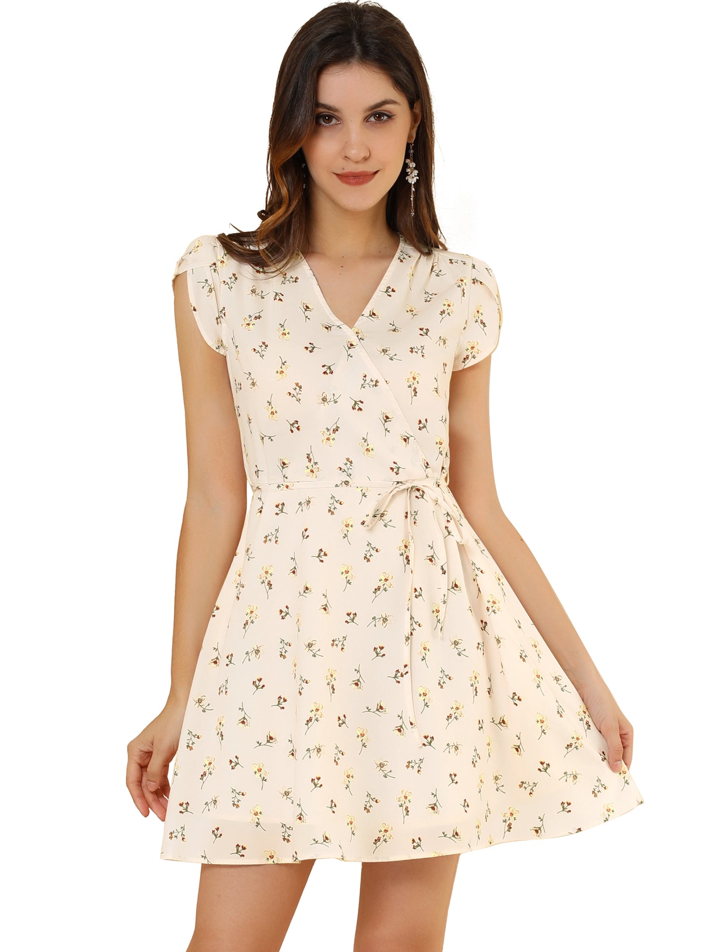 Women's Boho Crossover V Neck Petal Sleeves Belted Floral Flowy Dress