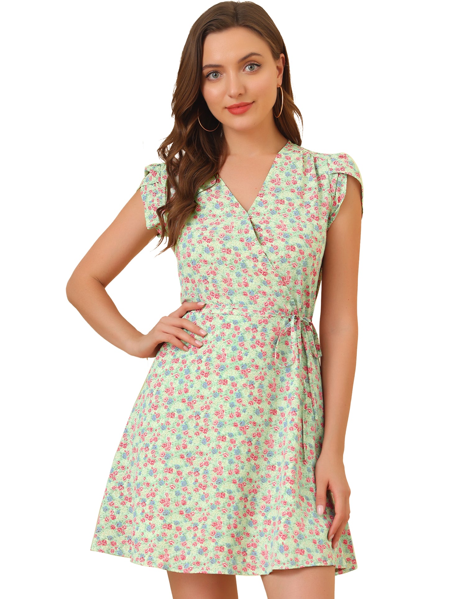 Women's Boho Crossover V Neck Petal Sleeves Belted Floral Flowy Dress