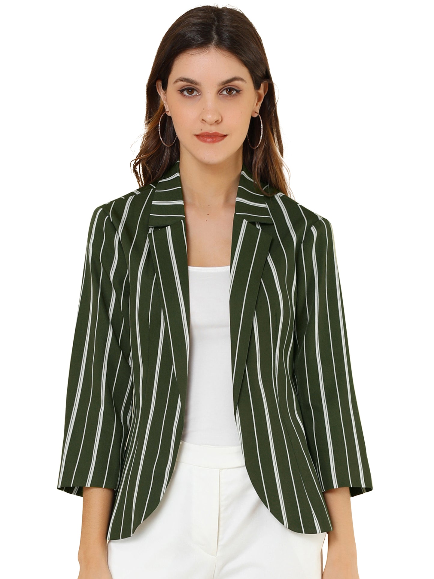 Women's Striped Open Front 3/4 Sleeves Notched Lapel Business Casual Blazer (Available in Plus Size)