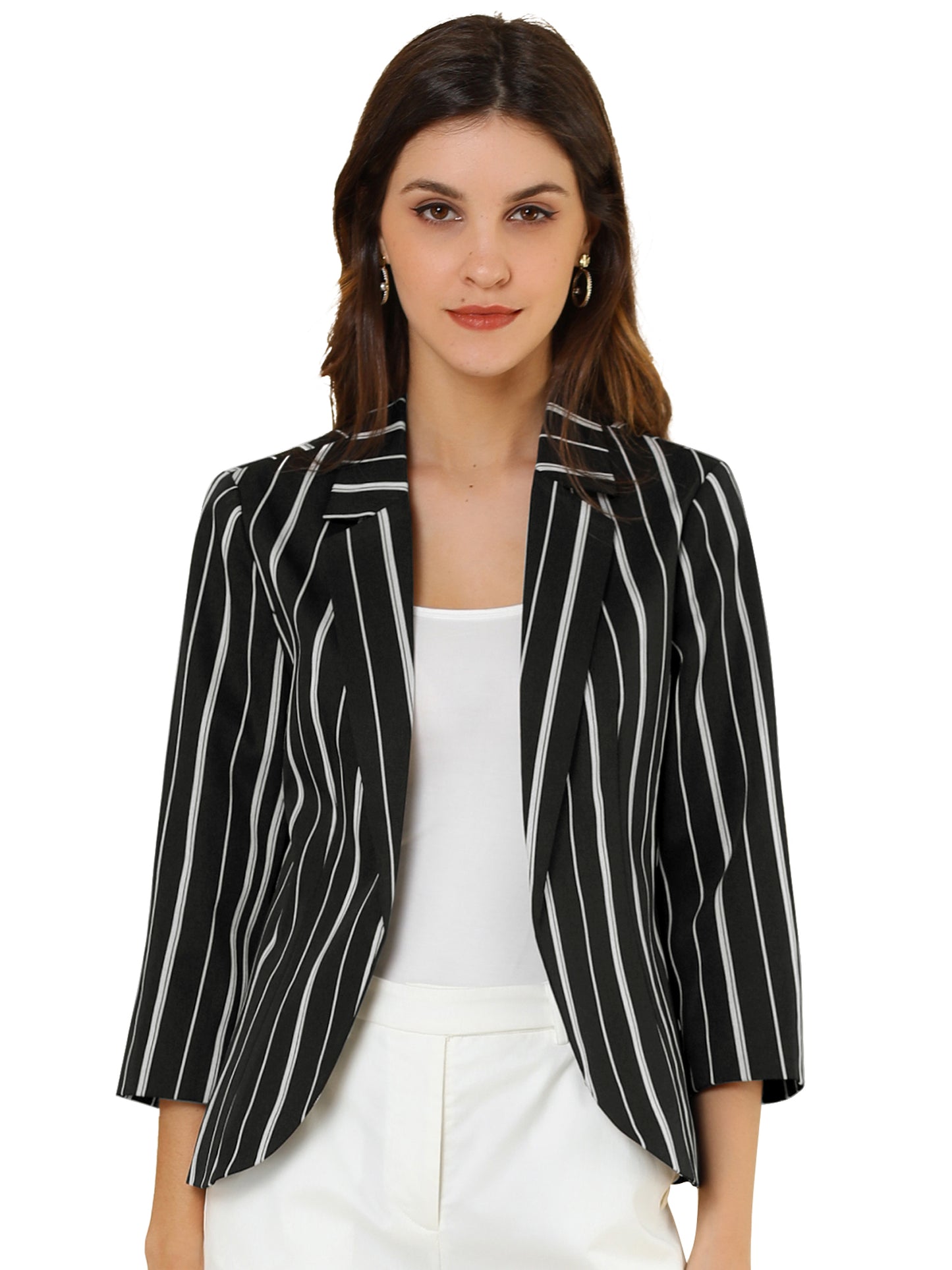 Women's Striped Open Front 3/4 Sleeves Notched Lapel Business Casual Blazer (Available in Plus Size)