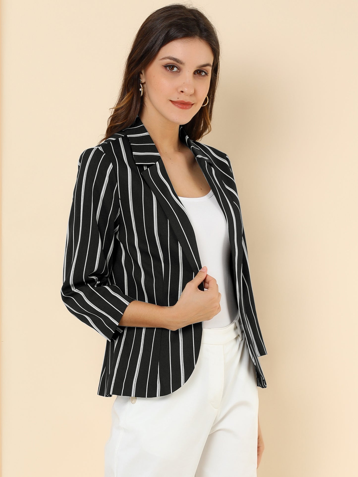 Women's Striped Open Front 3/4 Sleeves Notched Lapel Business Casual Blazer (Available in Plus Size)
