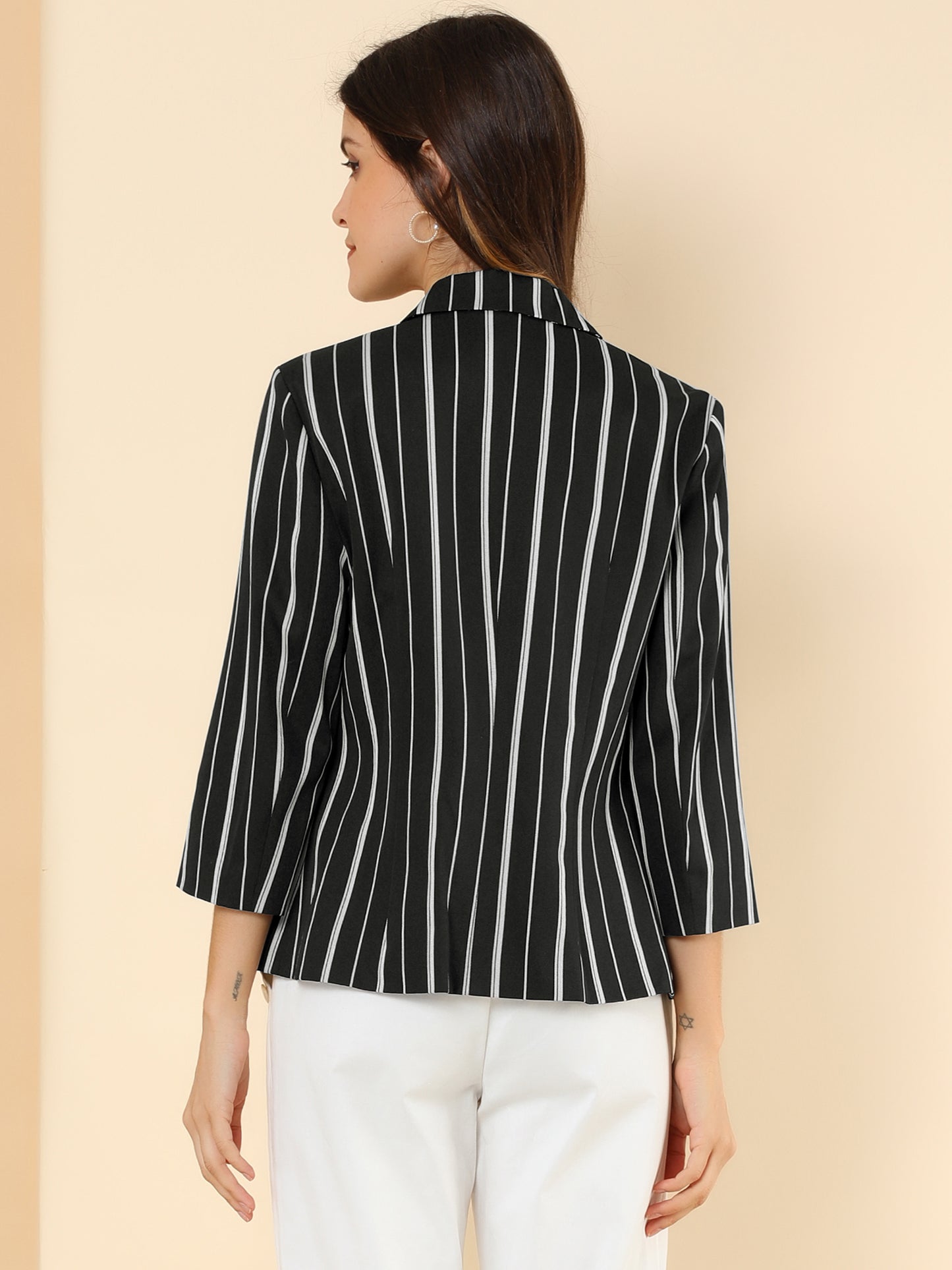 Women's Striped Open Front 3/4 Sleeves Notched Lapel Business Casual Blazer (Available in Plus Size)