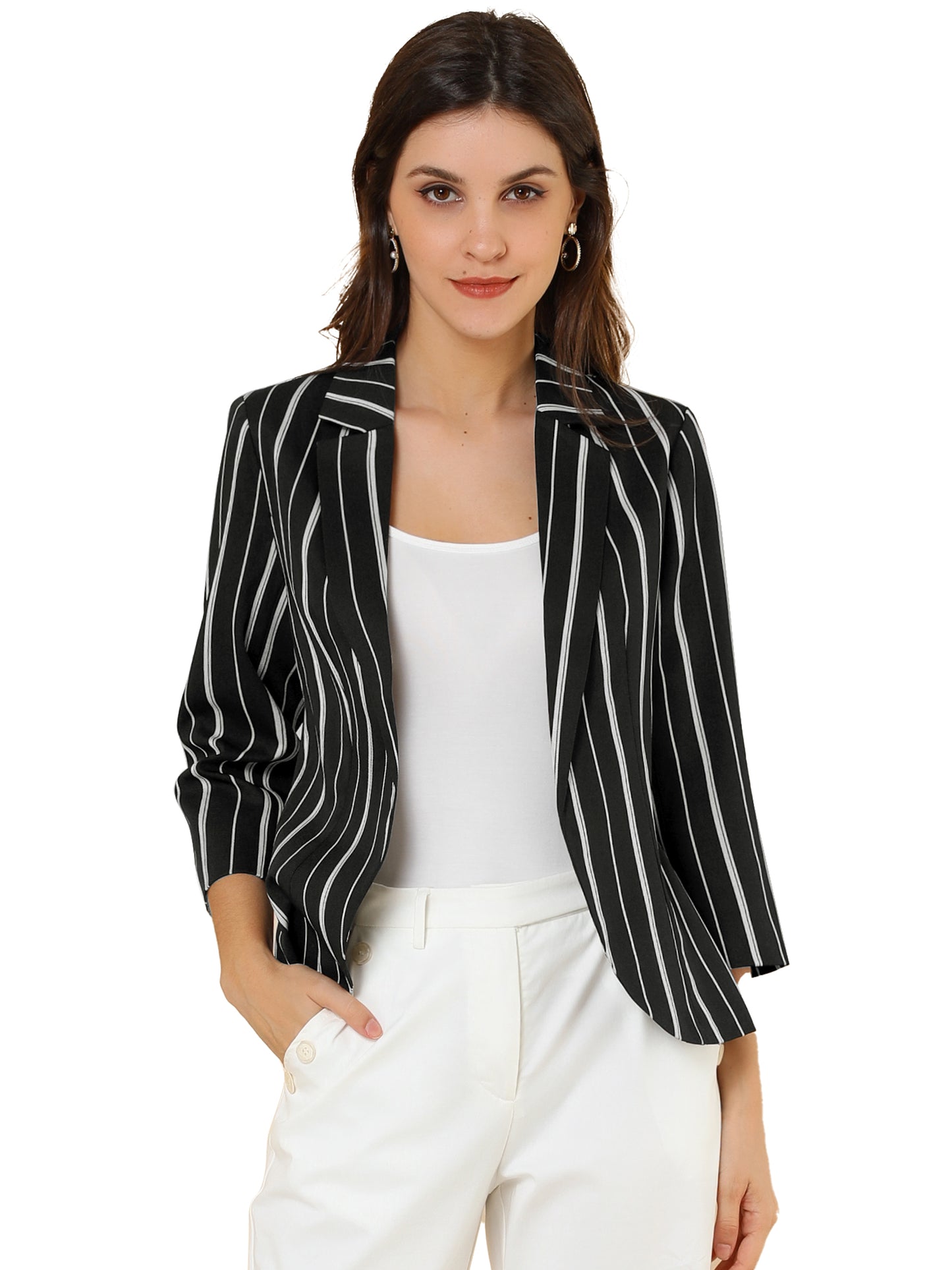 Women's Striped Open Front 3/4 Sleeves Notched Lapel Business Casual Blazer (Available in Plus Size)