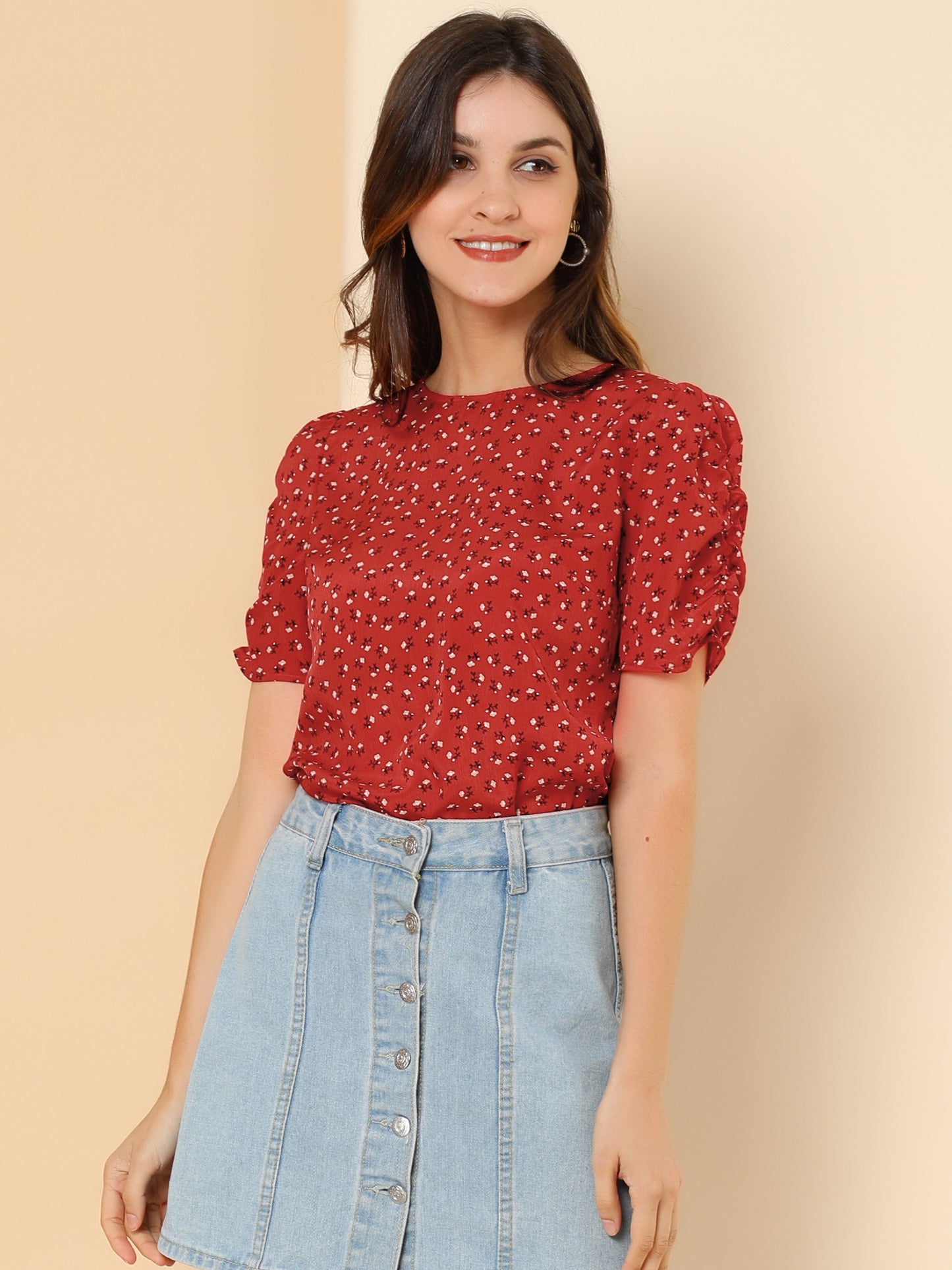 Women's Floral Crew Neck Summer Shirred Short Sleeve Blouse