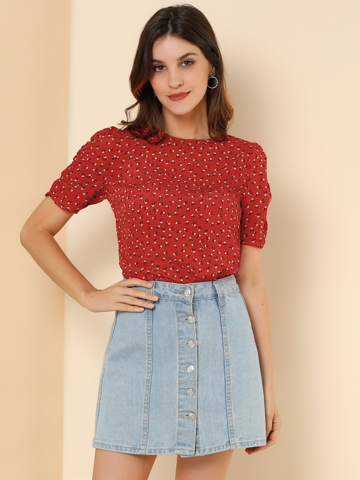 Women's Floral Crew Neck Summer Shirred Short Sleeve Blouse