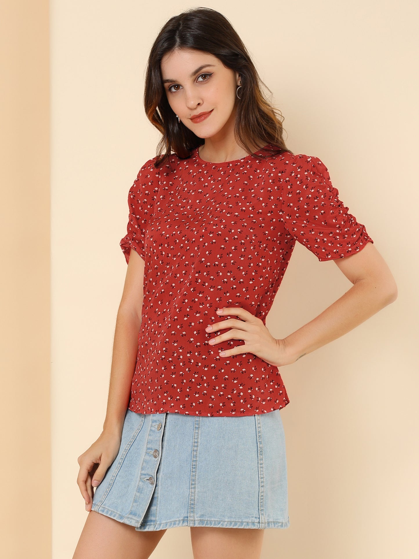 Women's Floral Crew Neck Summer Shirred Short Sleeve Blouse