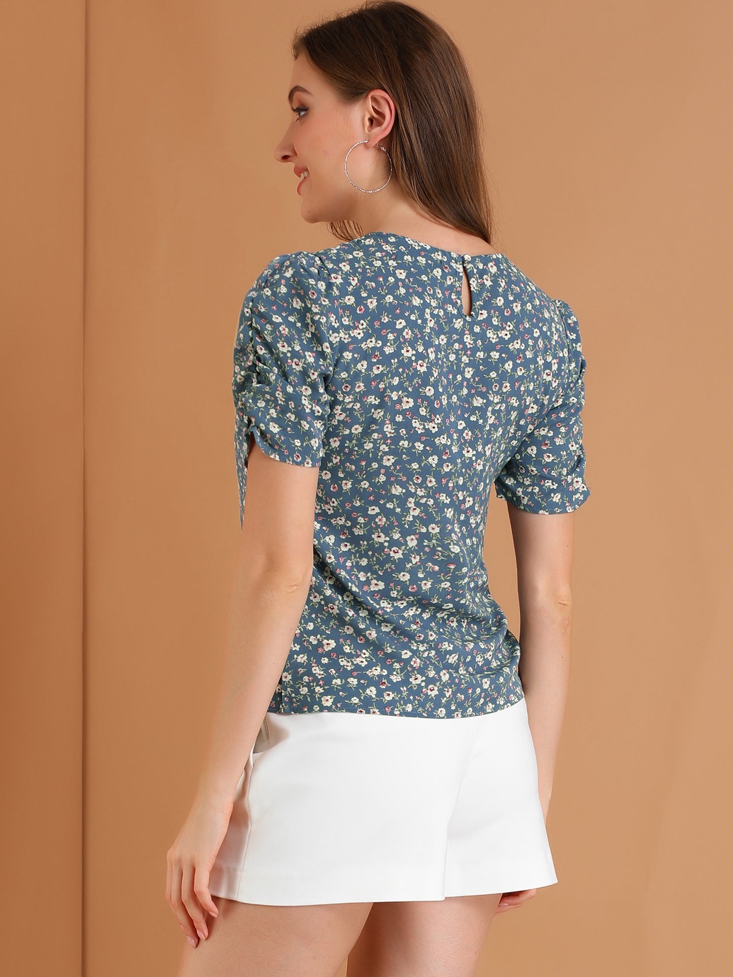 Women's Floral Crew Neck Summer Shirred Short Sleeve Blouse