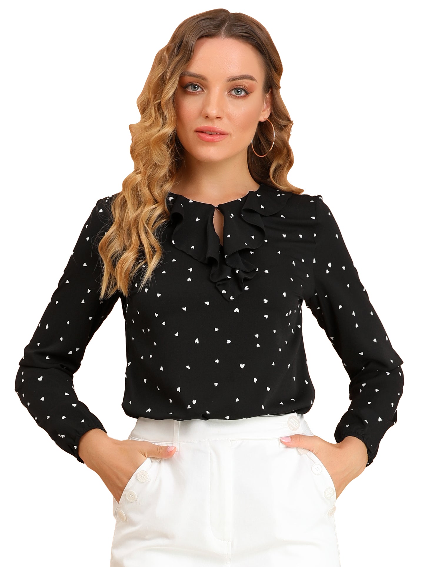 Women's Ruffle Neck Chiffon Top Long Sleeve Casual Office Blouse