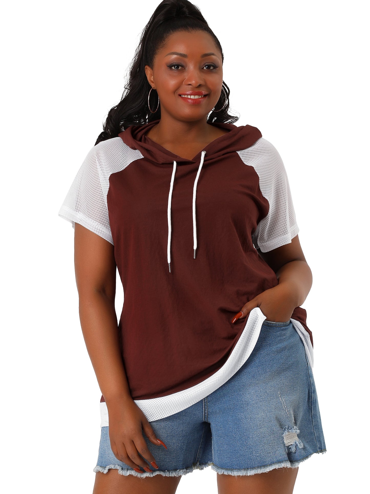 Women's Plus Size Hoodie Raglan Short Sleeves Sport Drawstring Hoodies Loose Casual Summer Top