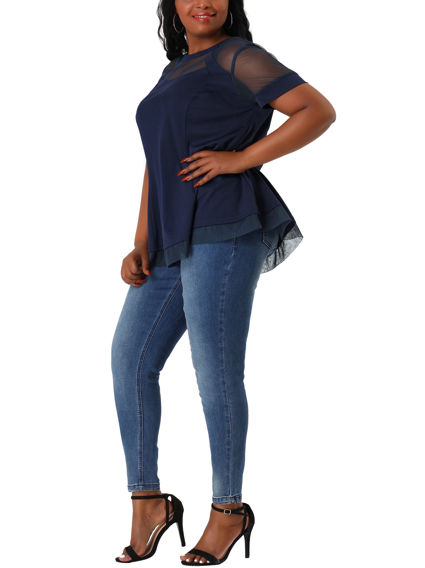 Women's Plus Size Round Neck Peplum Short Sleeve Mesh Sheer Blouse Summer Top