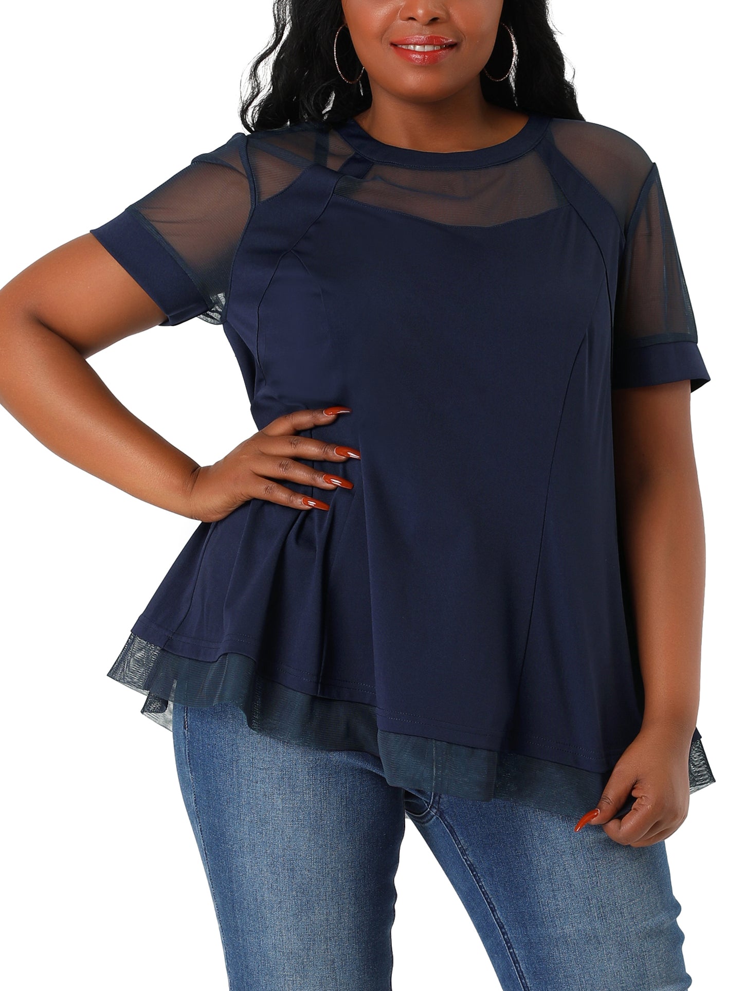 Women's Plus Size Round Neck Peplum Short Sleeve Mesh Sheer Blouse Summer Top