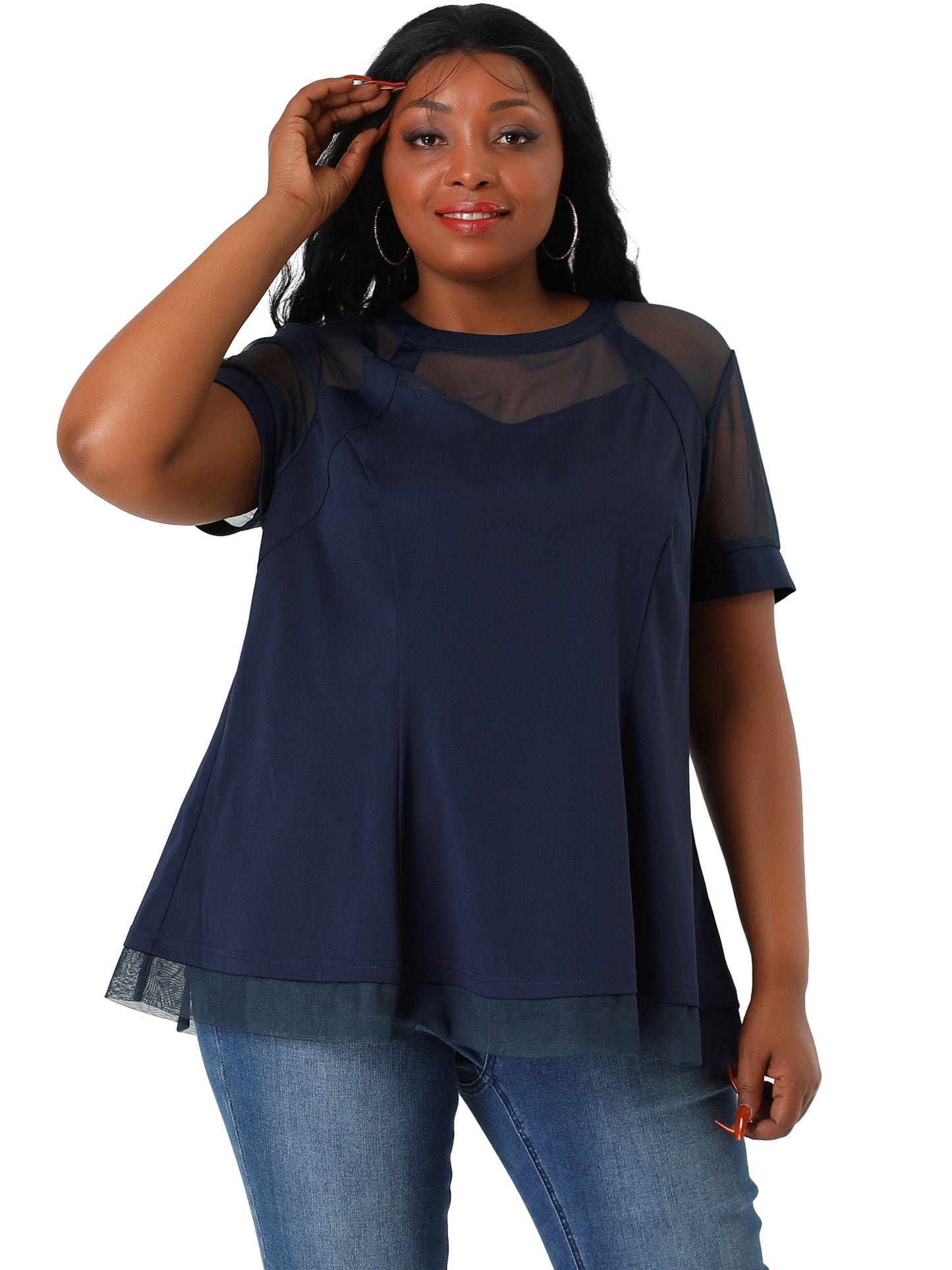 Women's Plus Size Round Neck Peplum Short Sleeve Mesh Sheer Blouse Summer Top