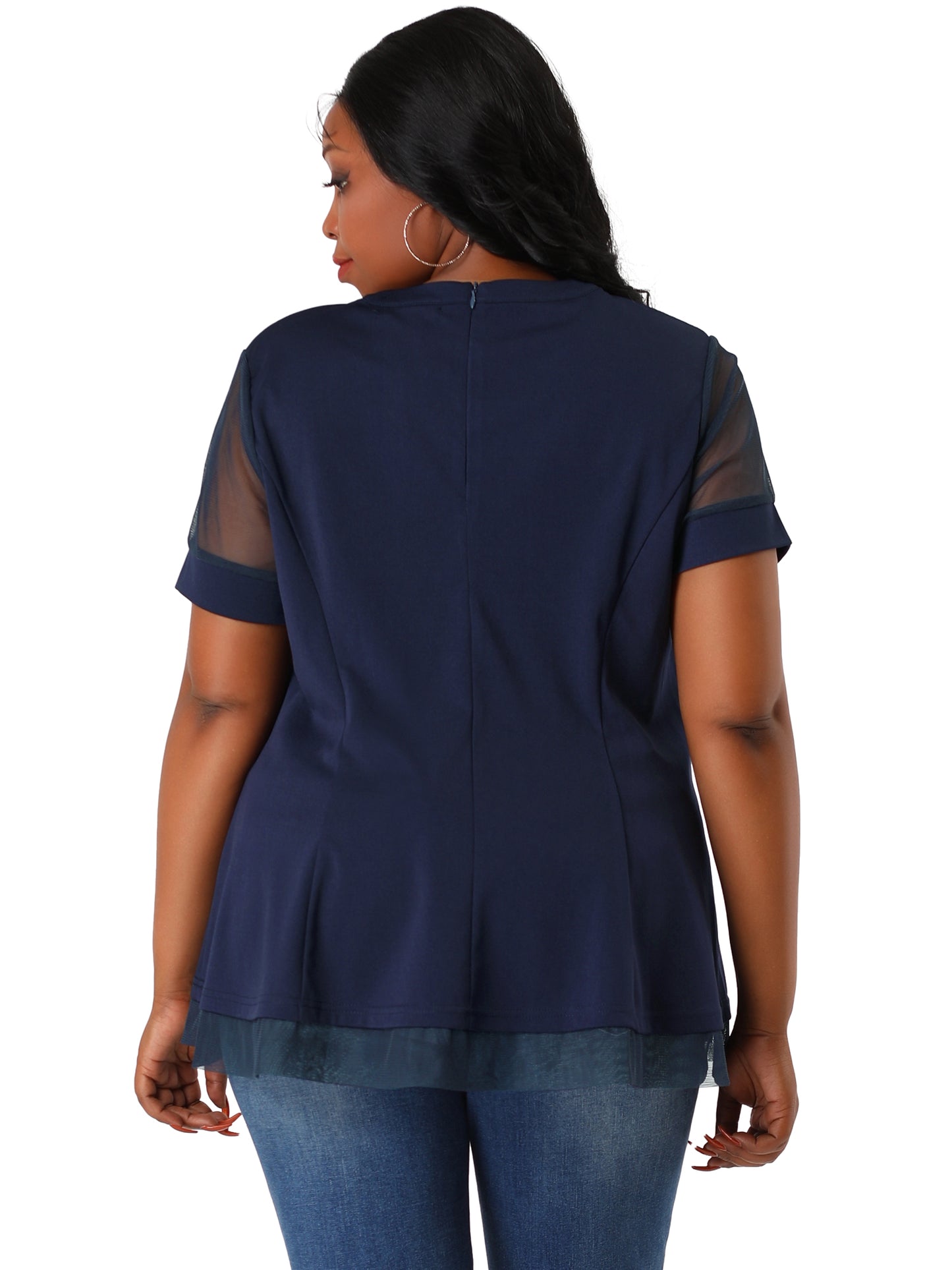 Women's Plus Size Round Neck Peplum Short Sleeve Mesh Sheer Blouse Summer Top