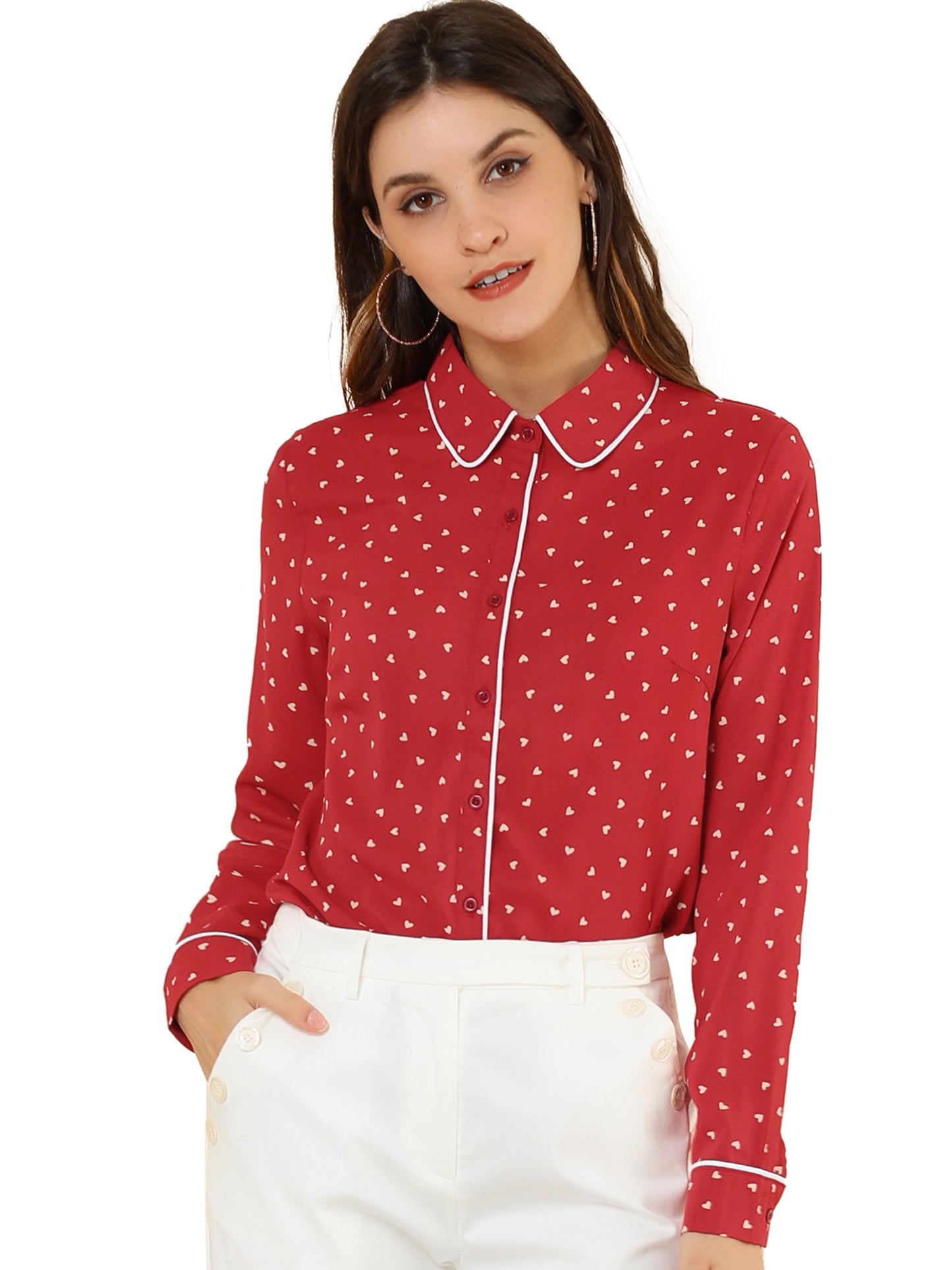 Women's Printed Long Sleeve Piped Button Down Office Shirt