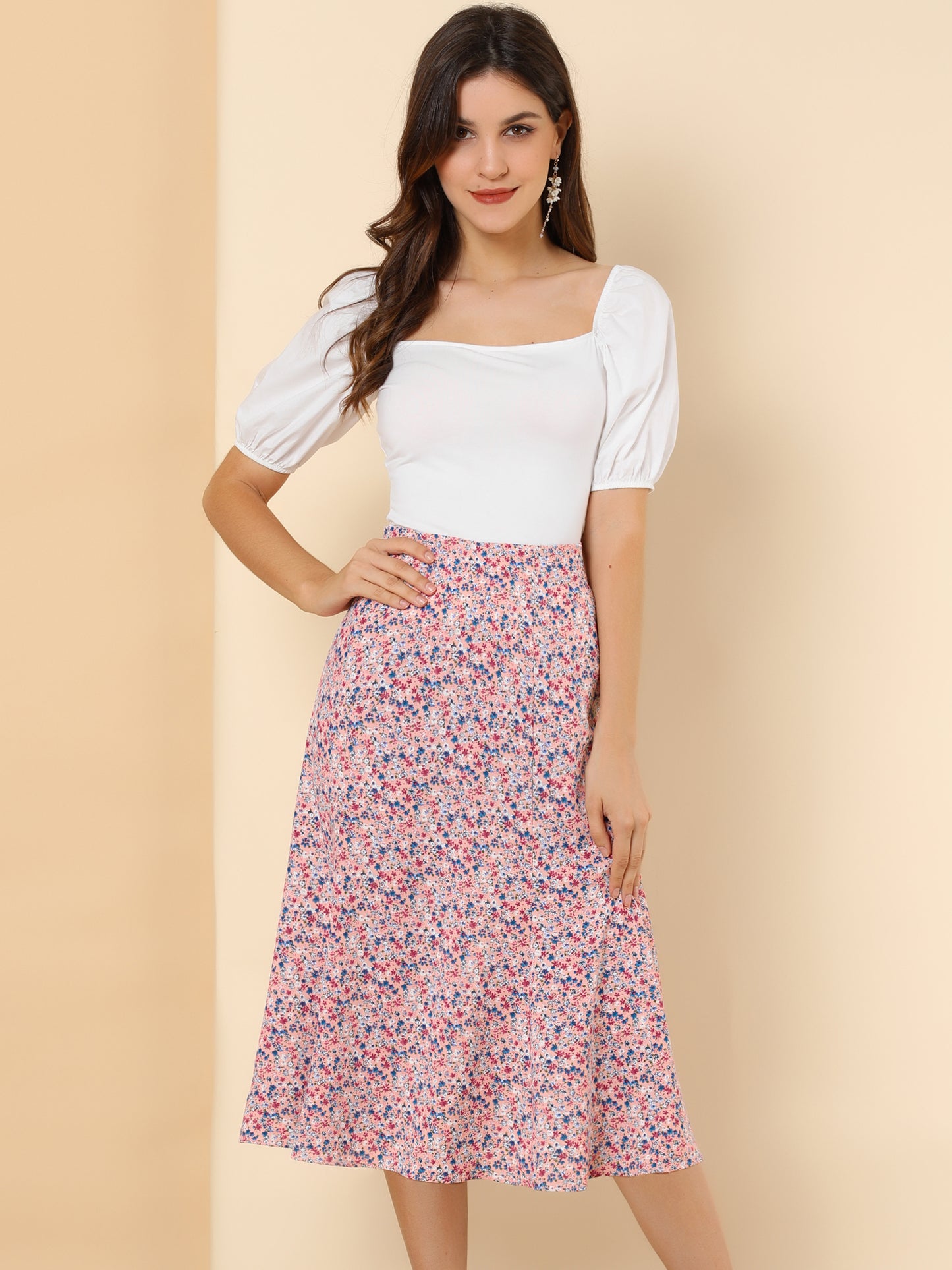 Women's Floral Midi Skirt Peasant Elastic Waist A-Line Ditsy Printed Skirts