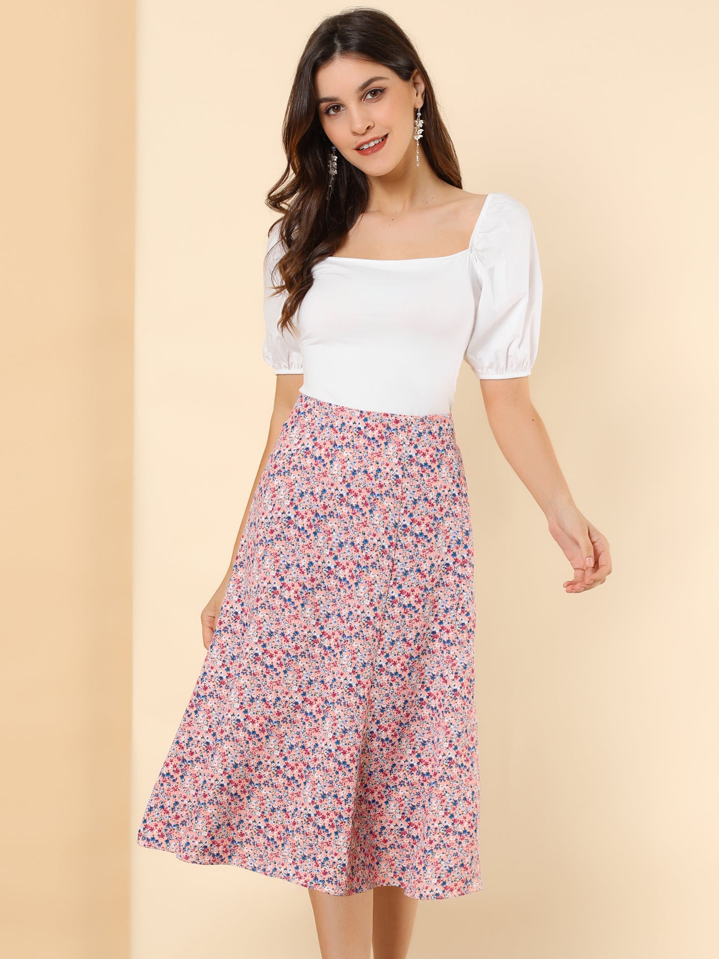 Women's Floral Midi Skirt Peasant Elastic Waist A-Line Ditsy Printed Skirts