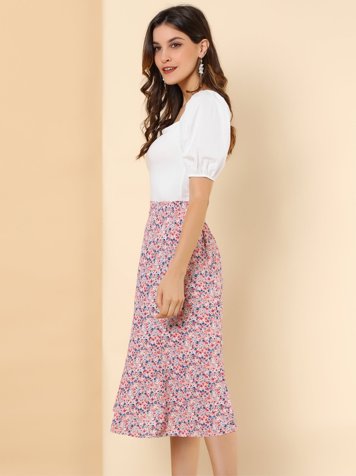 Women's Floral Midi Skirt Peasant Elastic Waist A-Line Ditsy Printed Skirts