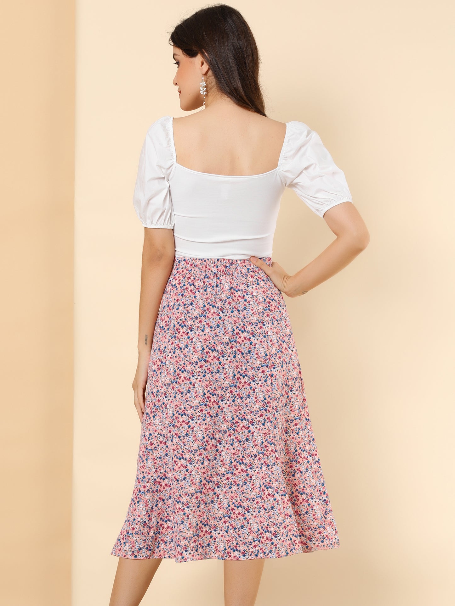 Women's Floral Midi Skirt Peasant Elastic Waist A-Line Ditsy Printed Skirts
