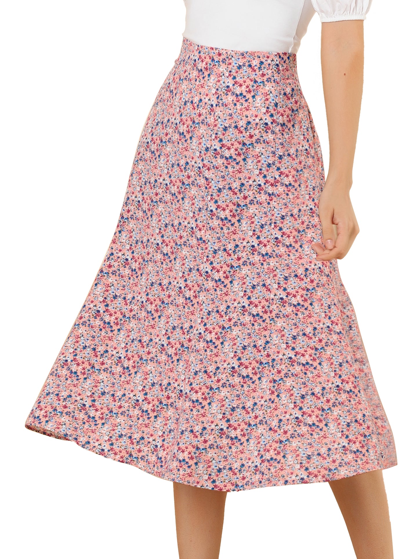 Women's Floral Midi Skirt Peasant Elastic Waist A-Line Ditsy Printed Skirts