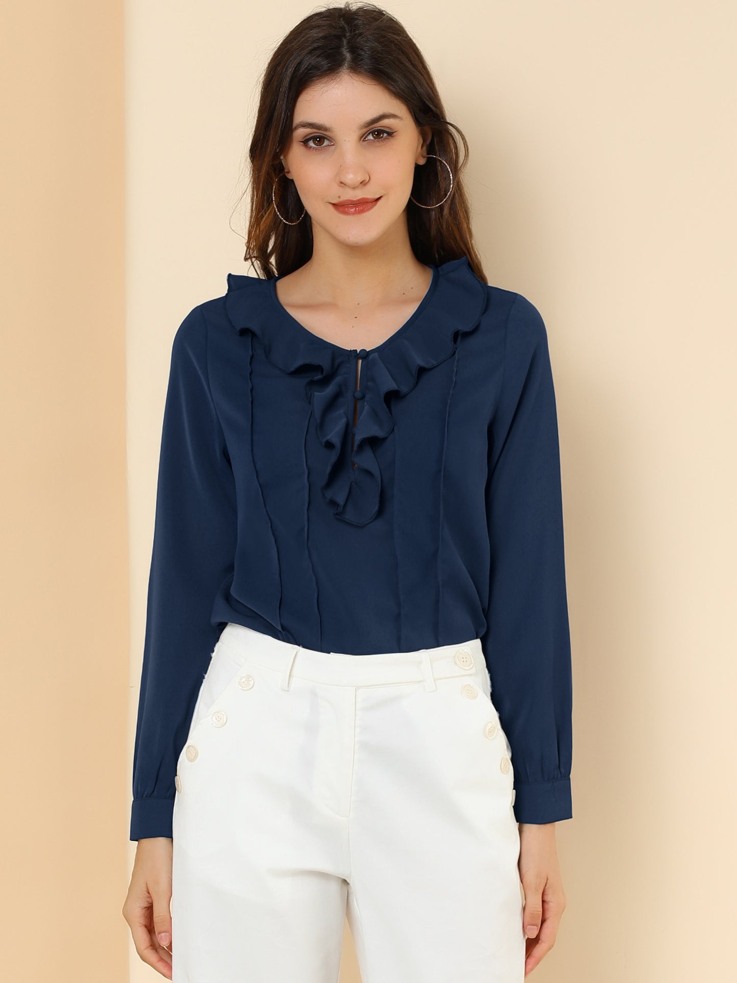 Women's Ruffle Neck Pleated Front Henley Button Up Peasant Blouse
