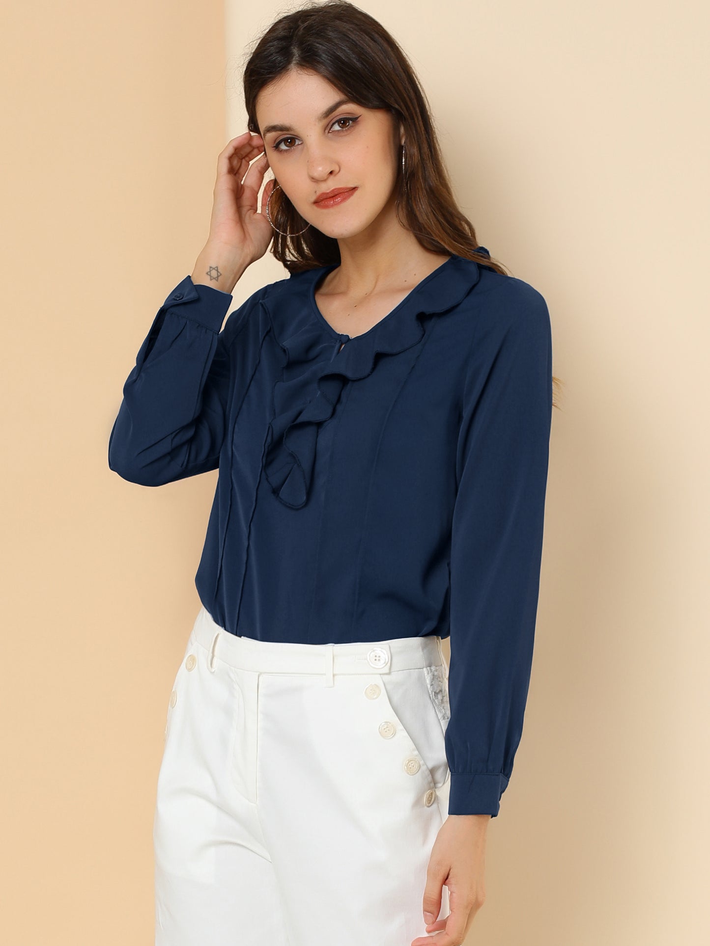 Women's Ruffle Neck Pleated Front Henley Button Up Peasant Blouse