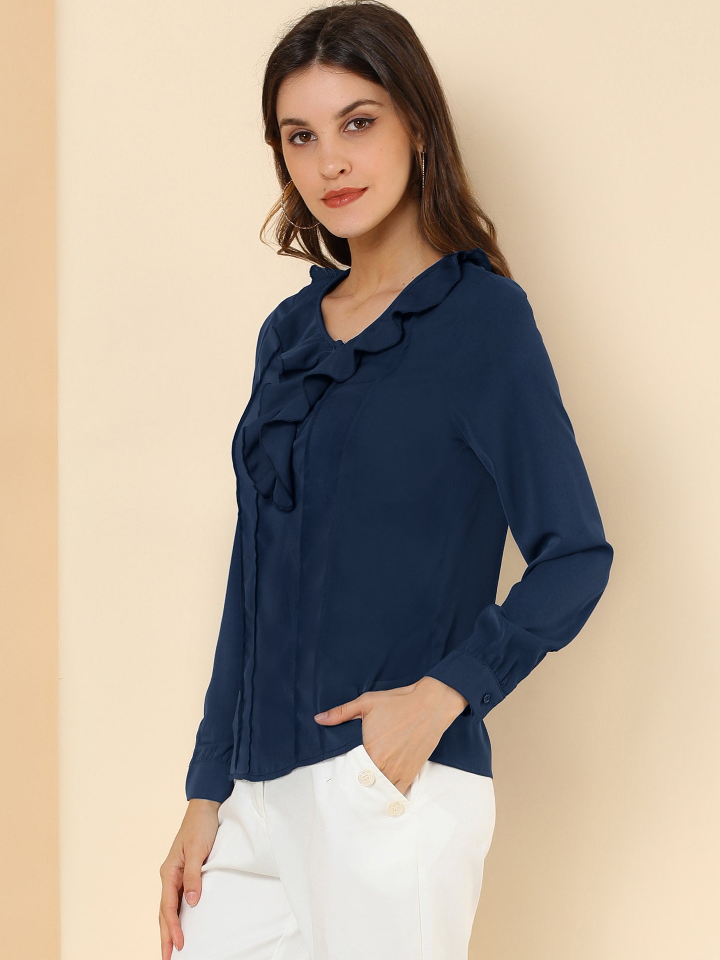 Women's Ruffle Neck Pleated Front Henley Button Up Peasant Blouse
