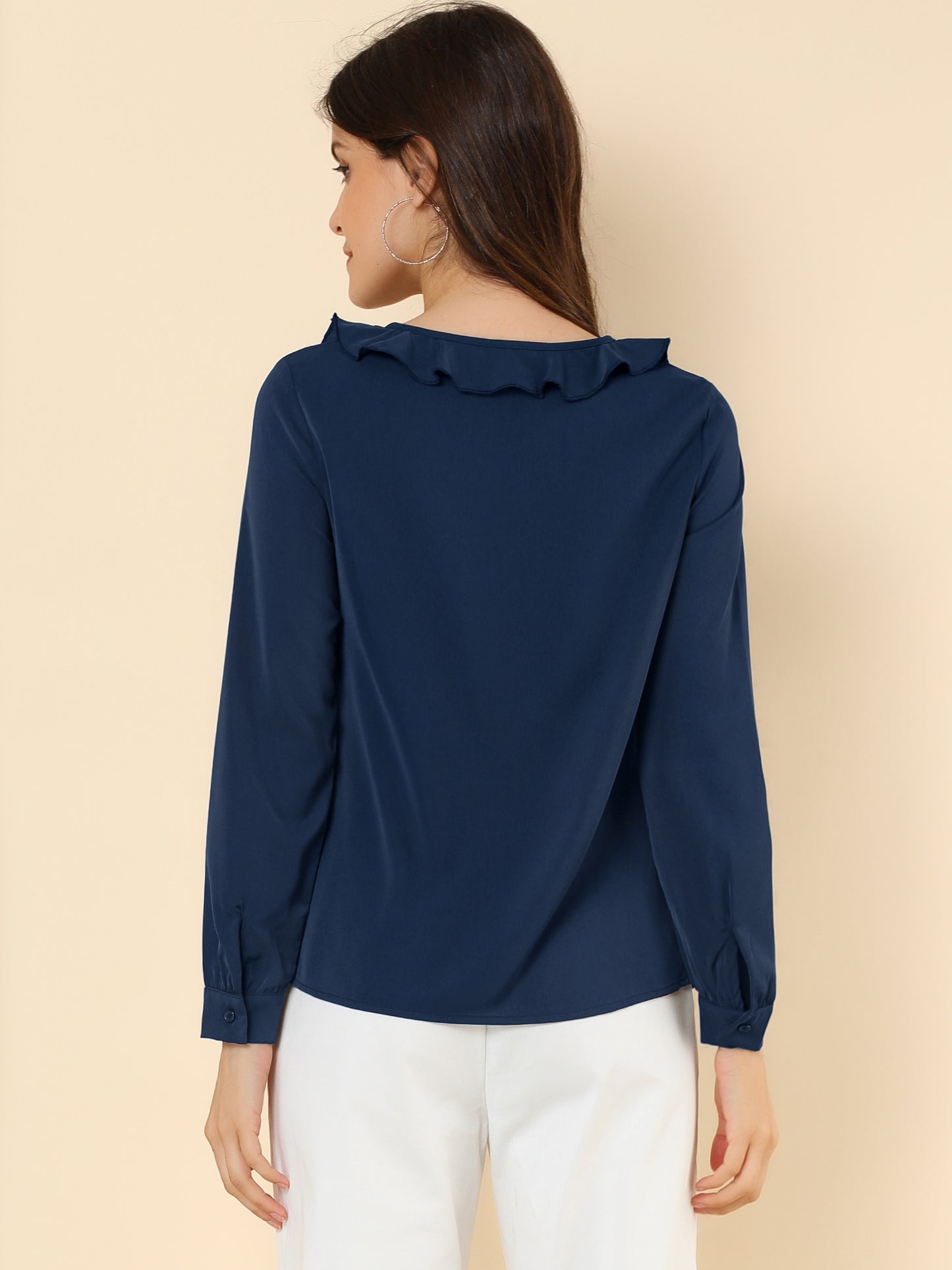 Women's Ruffle Neck Pleated Front Henley Button Up Peasant Blouse