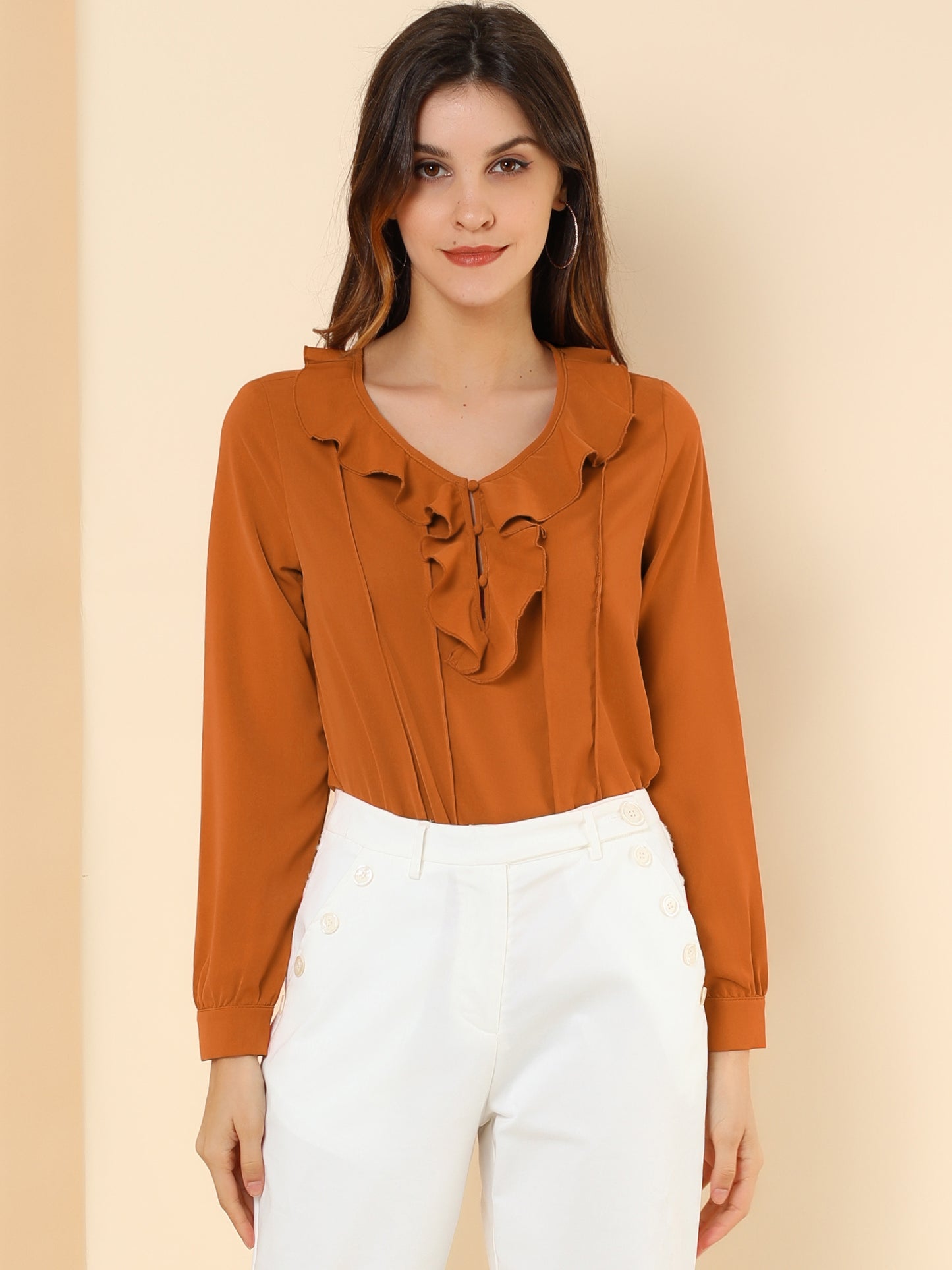 Women's Ruffle Neck Pleated Front Henley Button Up Peasant Blouse