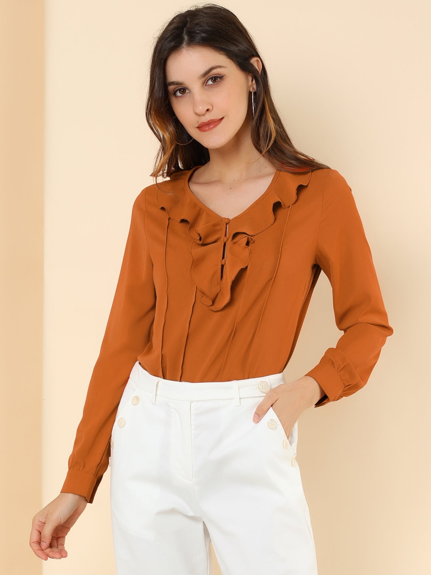 Women's Ruffle Neck Pleated Front Henley Button Up Peasant Blouse