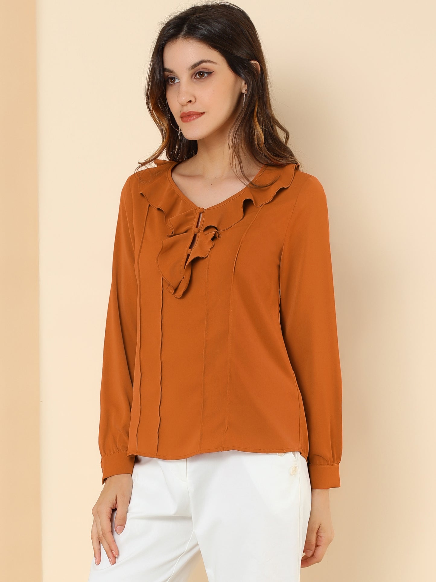 Women's Ruffle Neck Pleated Front Henley Button Up Peasant Blouse