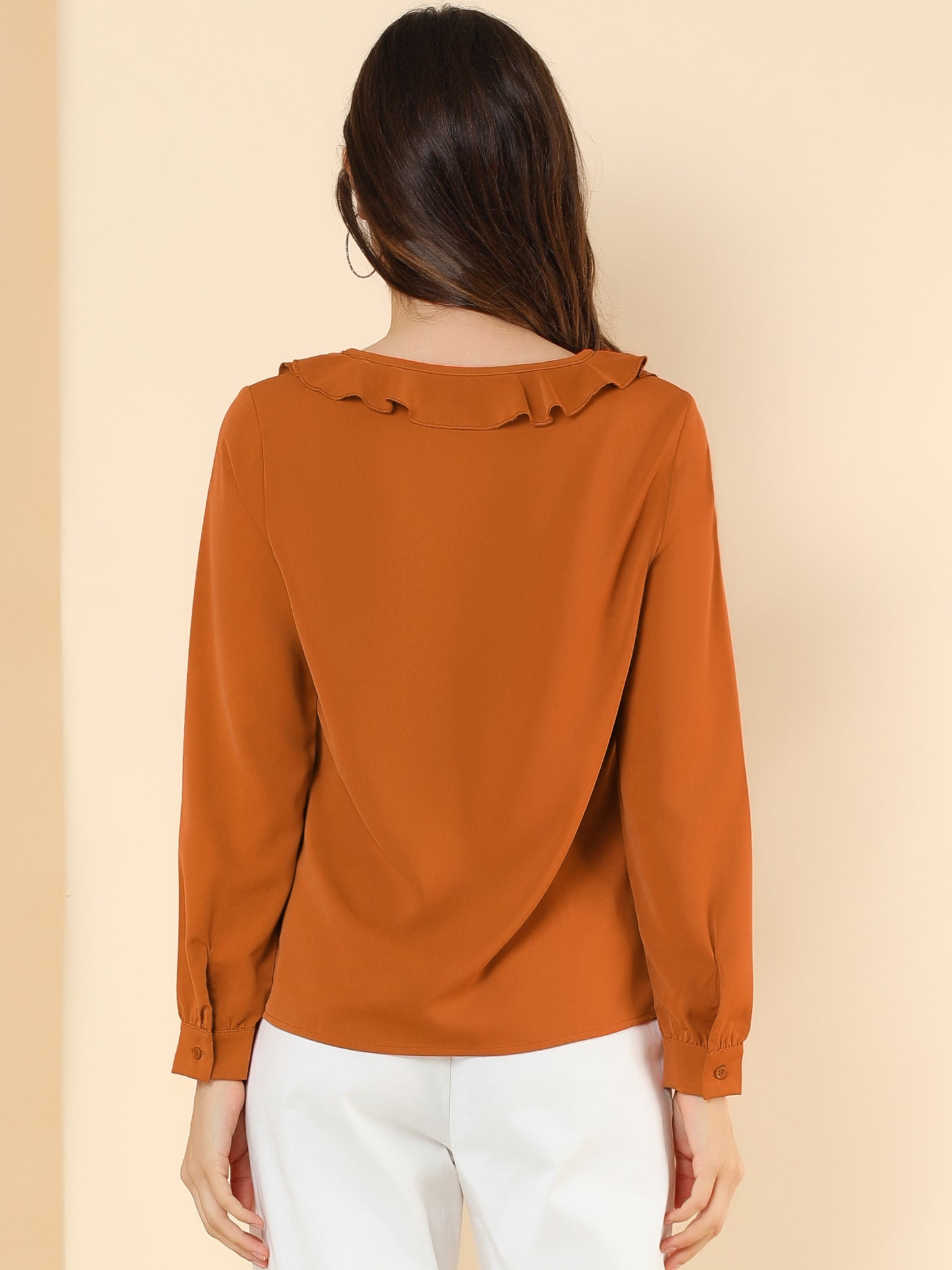 Women's Ruffle Neck Pleated Front Henley Button Up Peasant Blouse