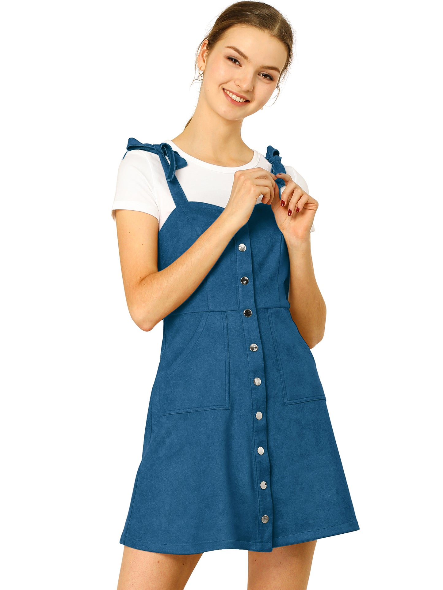Women's Button Down Pockets Sleeveless Faux Suede Pinafore Overall Dress