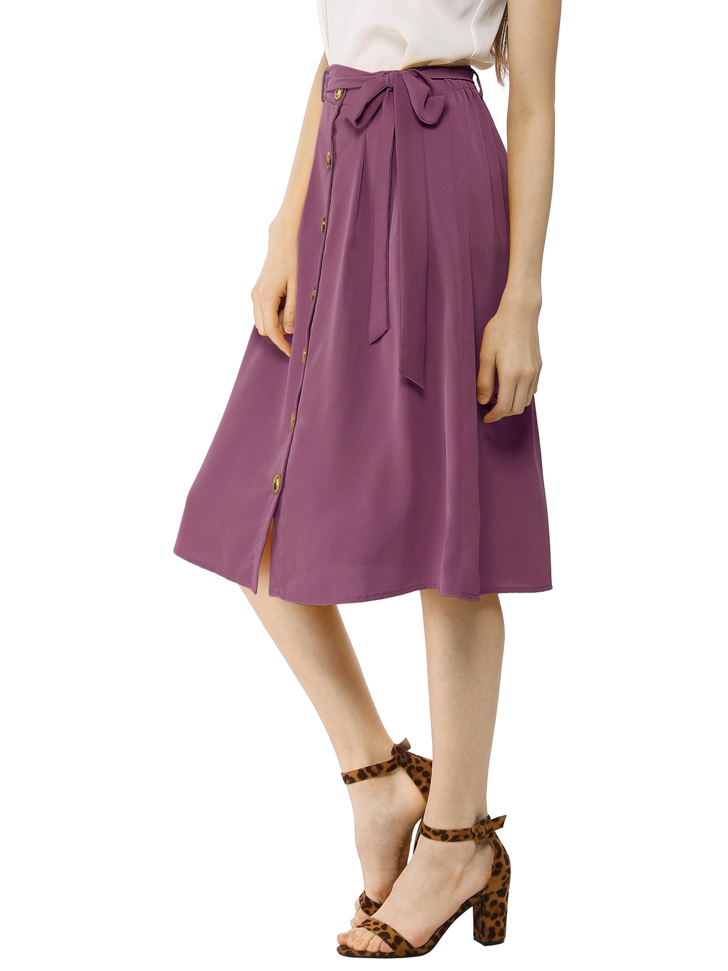 Women's High Waist Button Front Belted A-Line Casual Midi Skirt