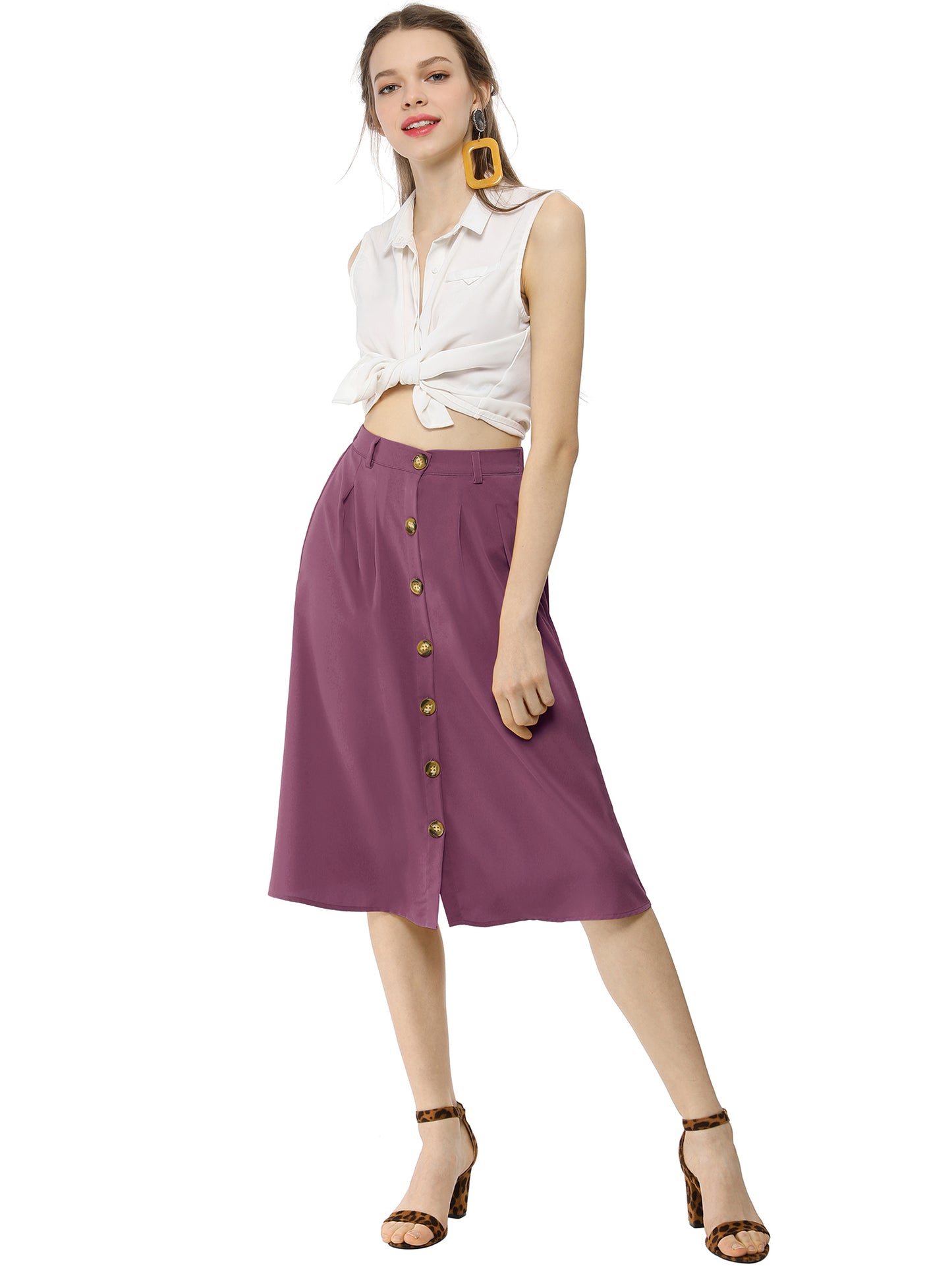 Women's High Waist Button Front Belted A-Line Casual Midi Skirt
