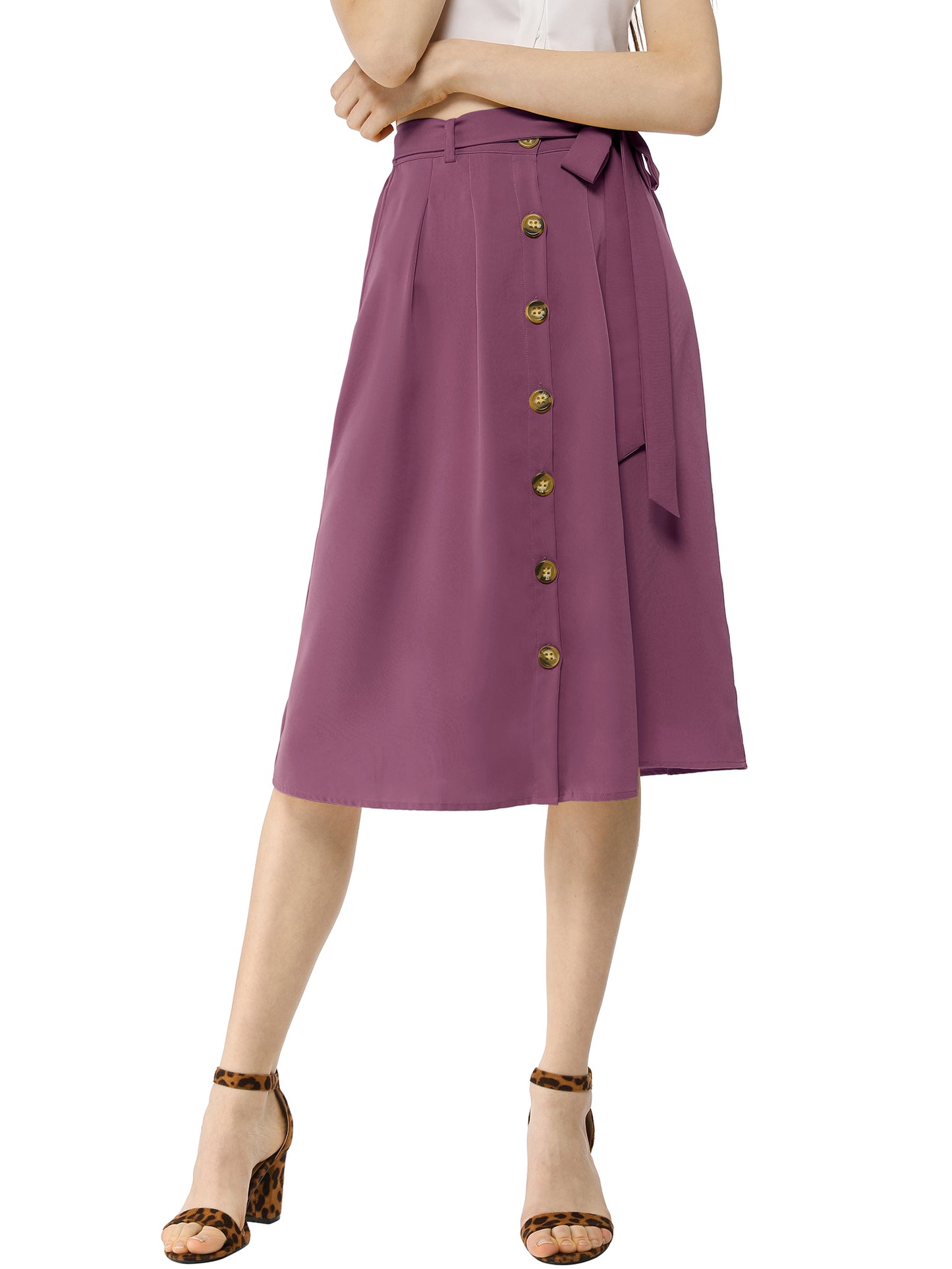 Women's High Waist Button Front Belted A-Line Casual Midi Skirt