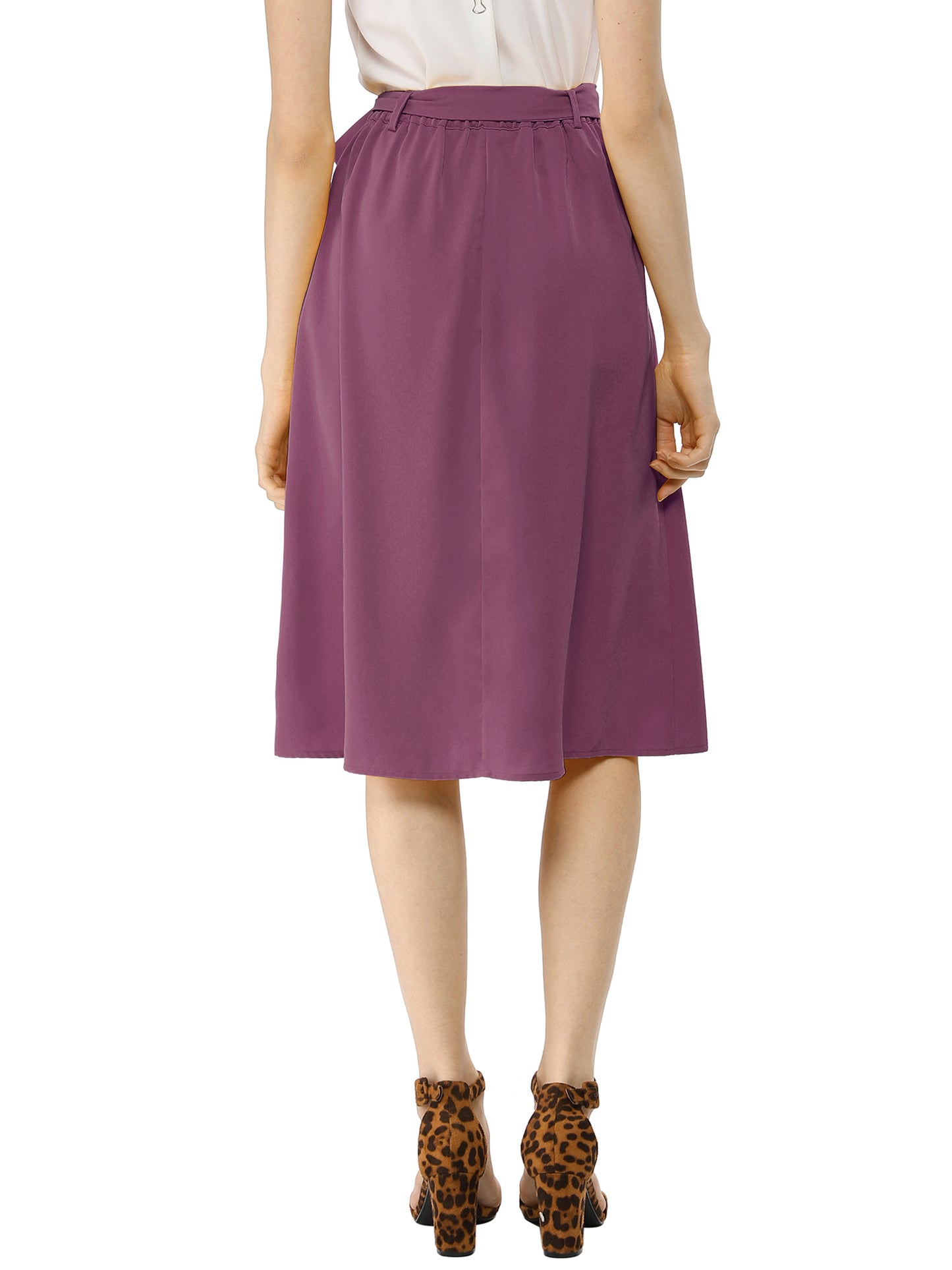 Women's High Waist Button Front Belted A-Line Casual Midi Skirt